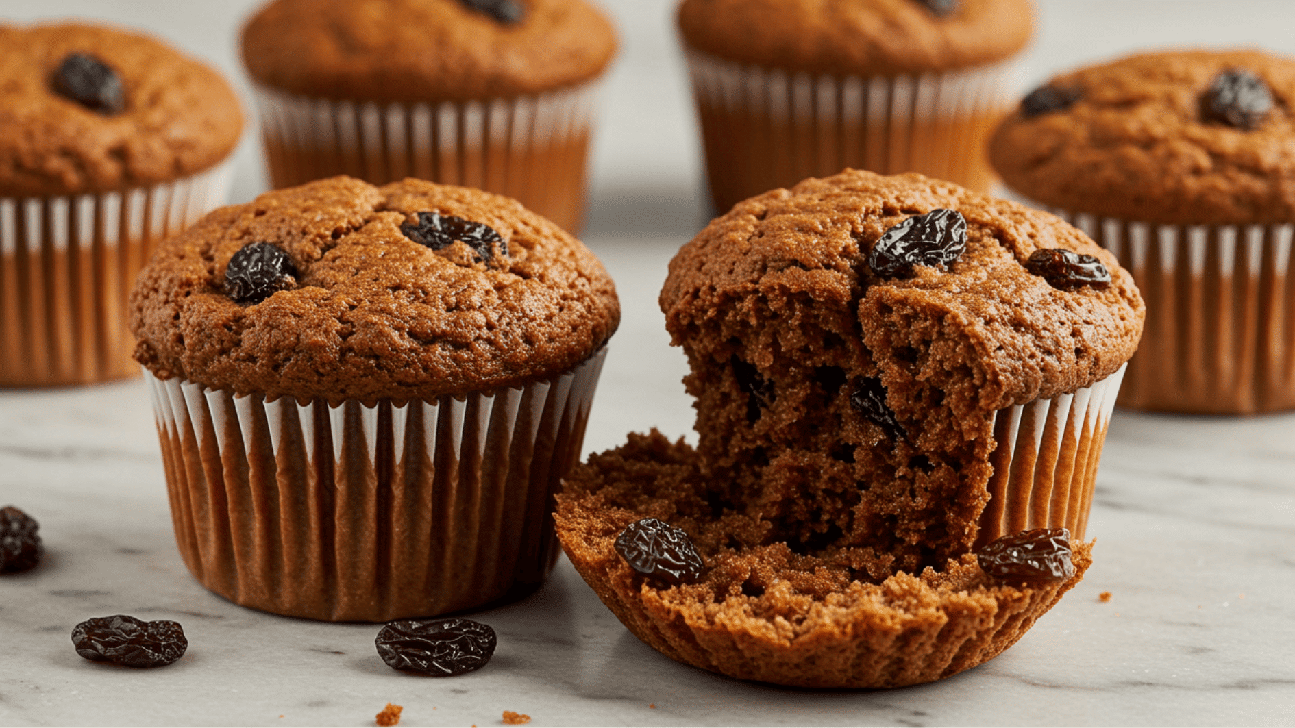 homemade raisin muffins in paper liners placed on a wooden surface with a broken muffin piece beside them