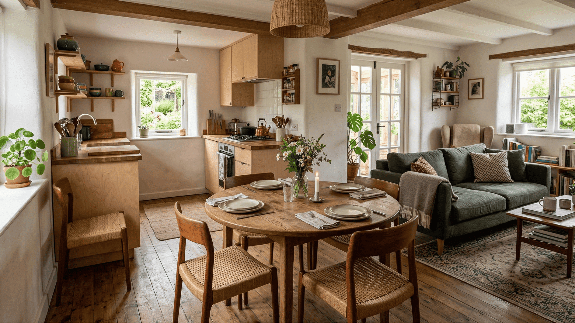 image of round dining table near a living room and kitchen counter setup
