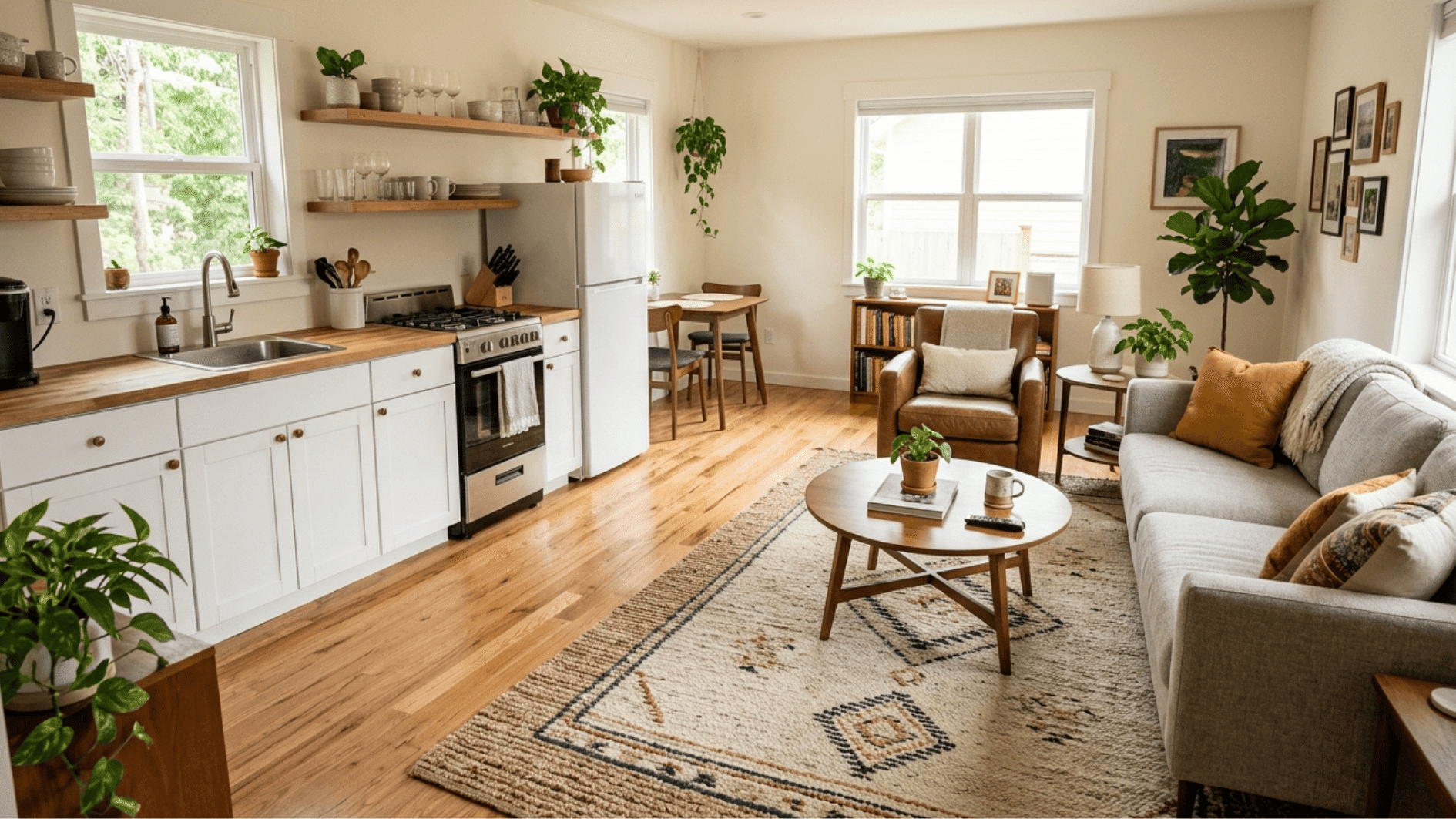 image of round dining table near a living room and kitchen counter setup