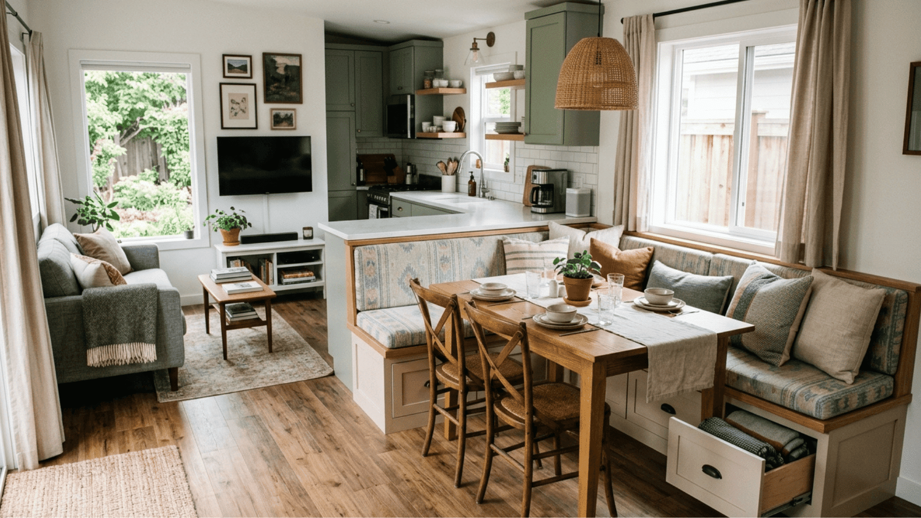 image showing seating along with connected kitchen and living room