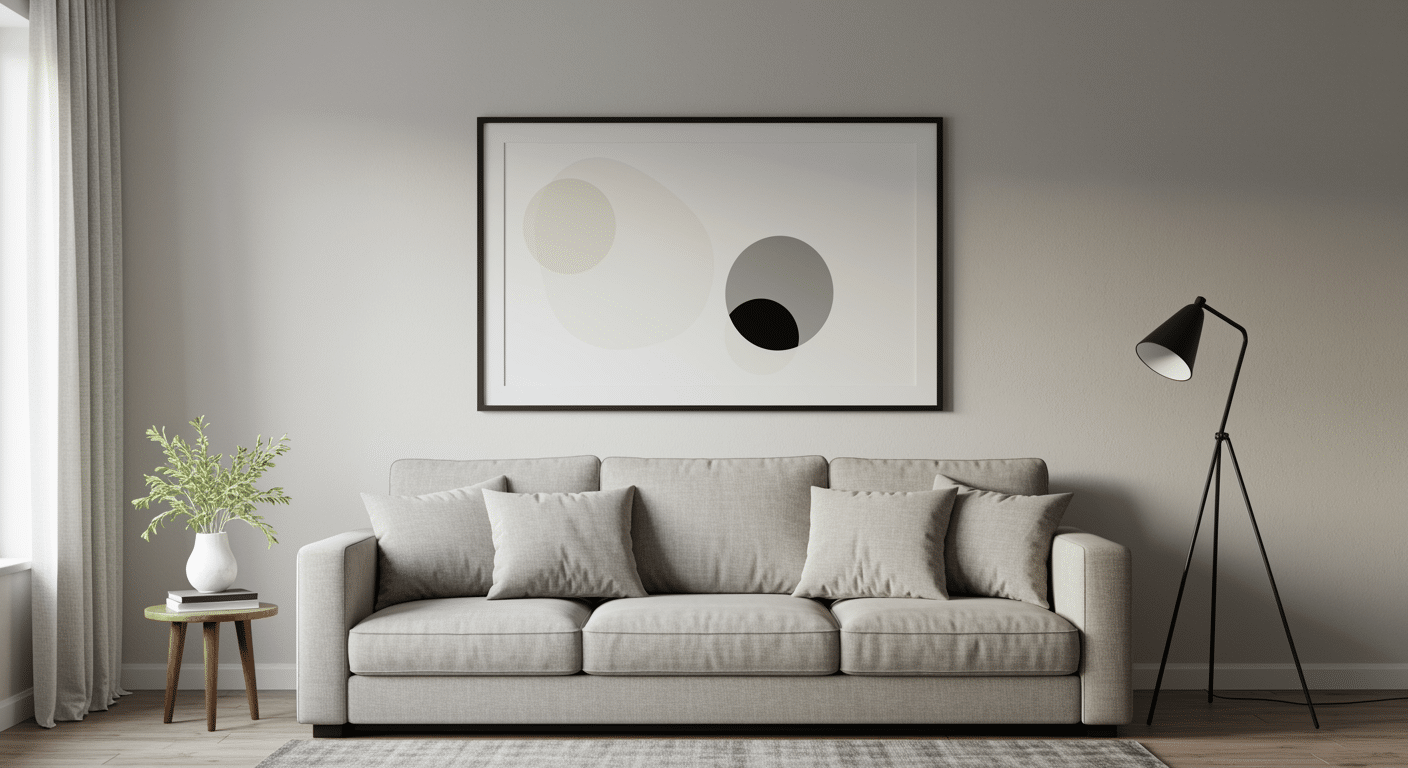 in modern living room framed artwork hung 6 to 8 inches above it, demonstrating proper height above furniture.