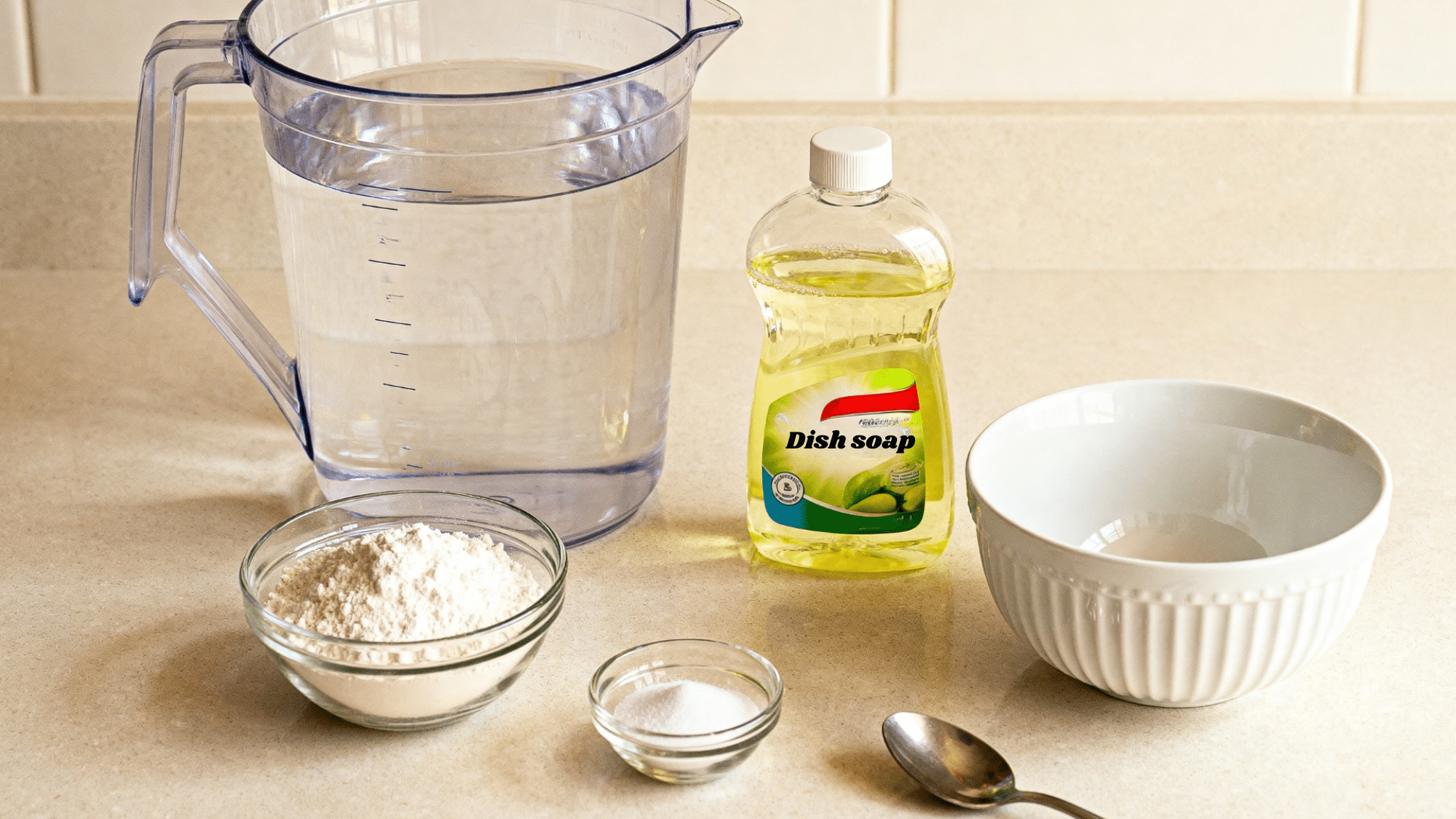 ingredients for homemade bubble solution on a clean countertop water, dish soap, corn syrup, and measuring tools (4)