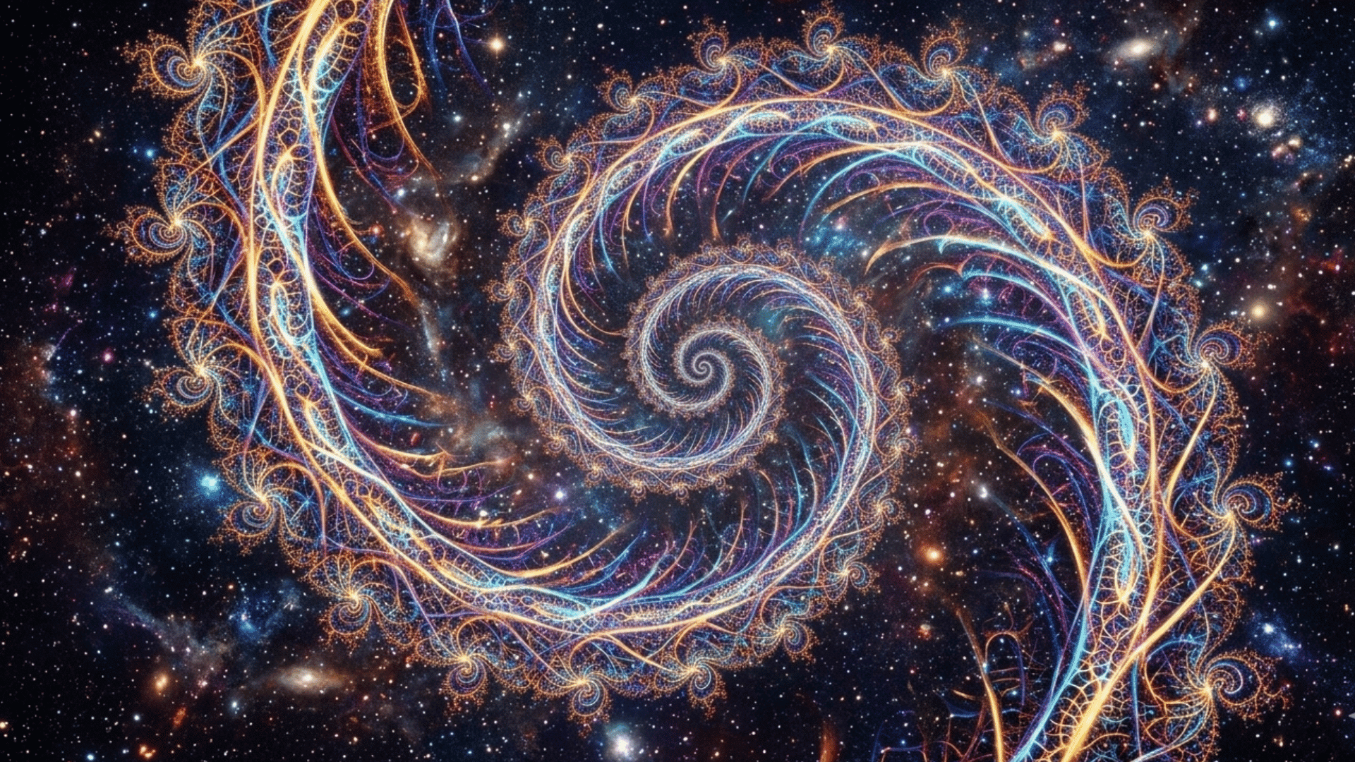 intricate fractal art showing glowing geometric spiral patterns repeating infinitely with bright cosmic colors and abstract mathematical design