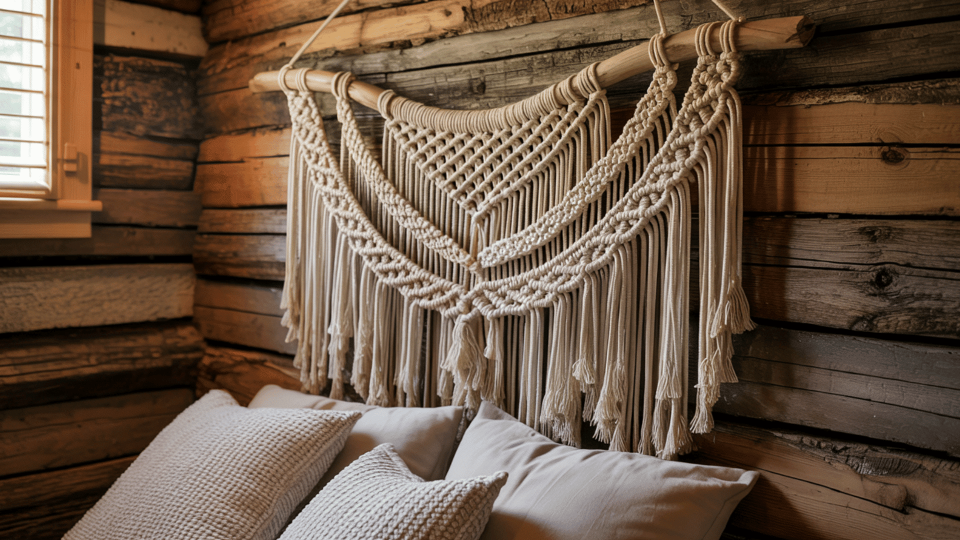 intricately woven macrame wall hanging above the bed in a rustic cabin bedroom.