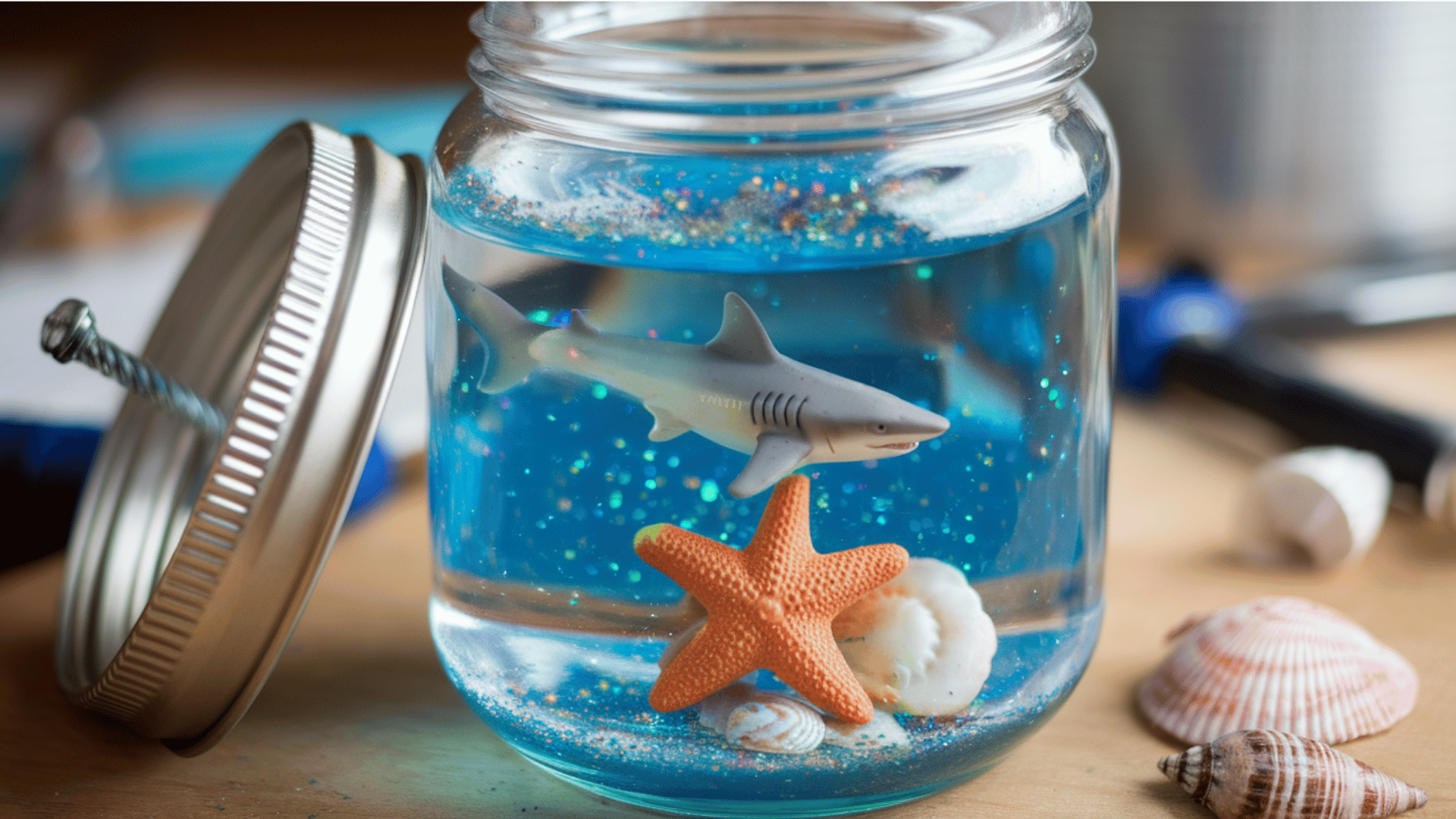 _jar filled with water, glitter, and small figurine inside, tightly sealed lid, shaking creates glitter effect.