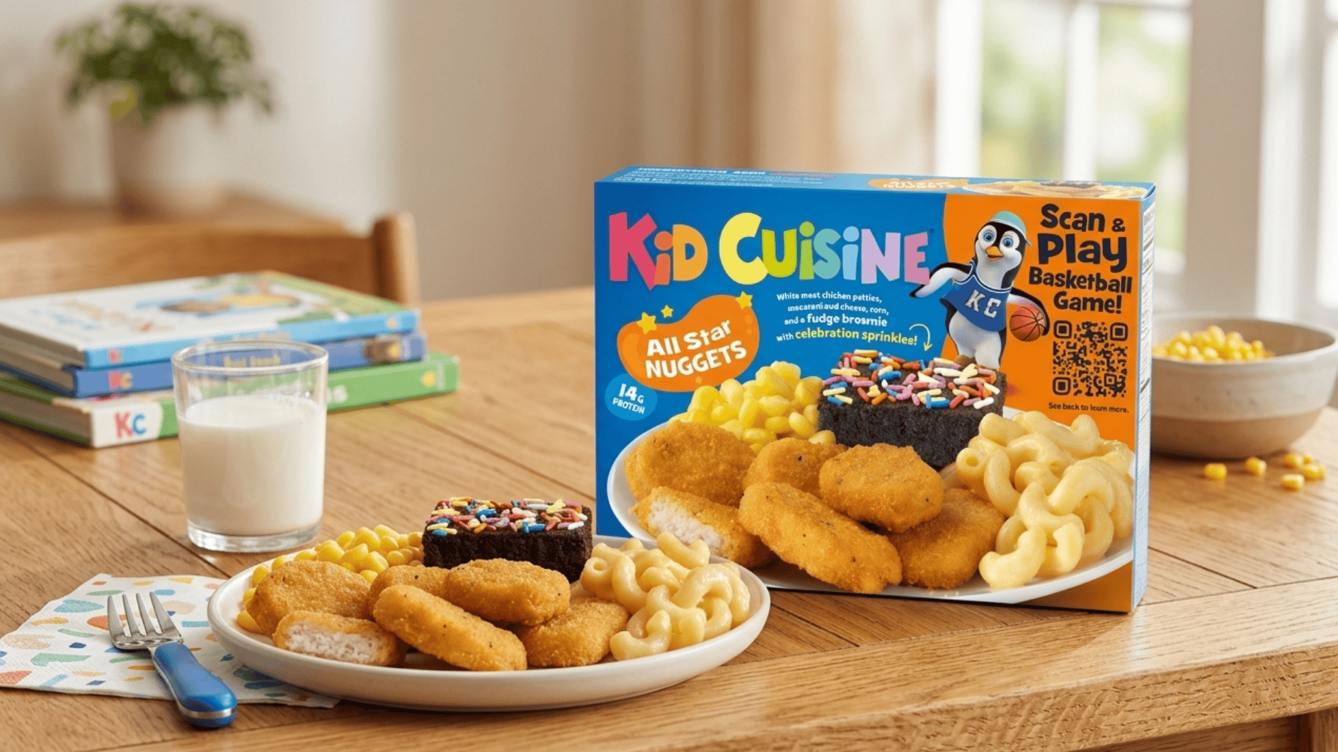 kid cuisine all star nuggets kids meal with chicken nuggets, mac and cheese, corn and brownie