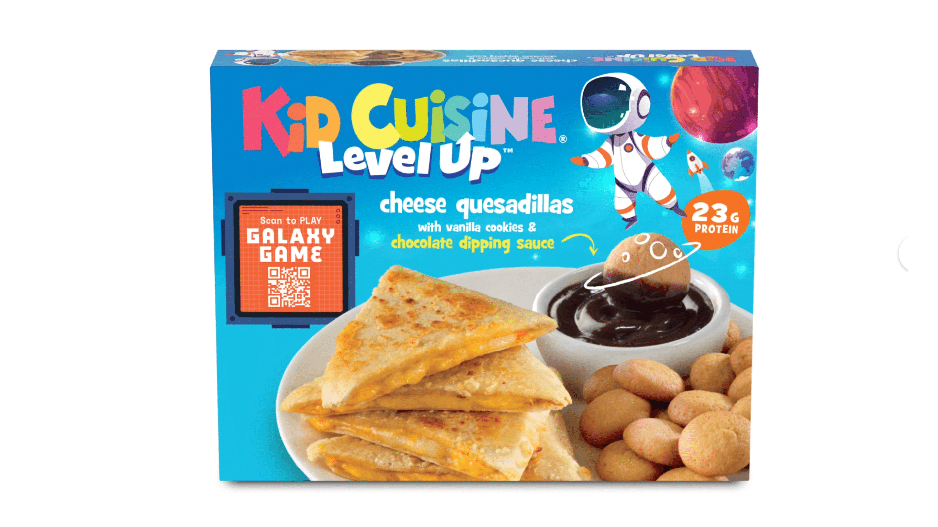 kid cuisine level up cheese quesadillas frozen meal with vanilla cookies chocolate dipping sauce and space themed galaxy game