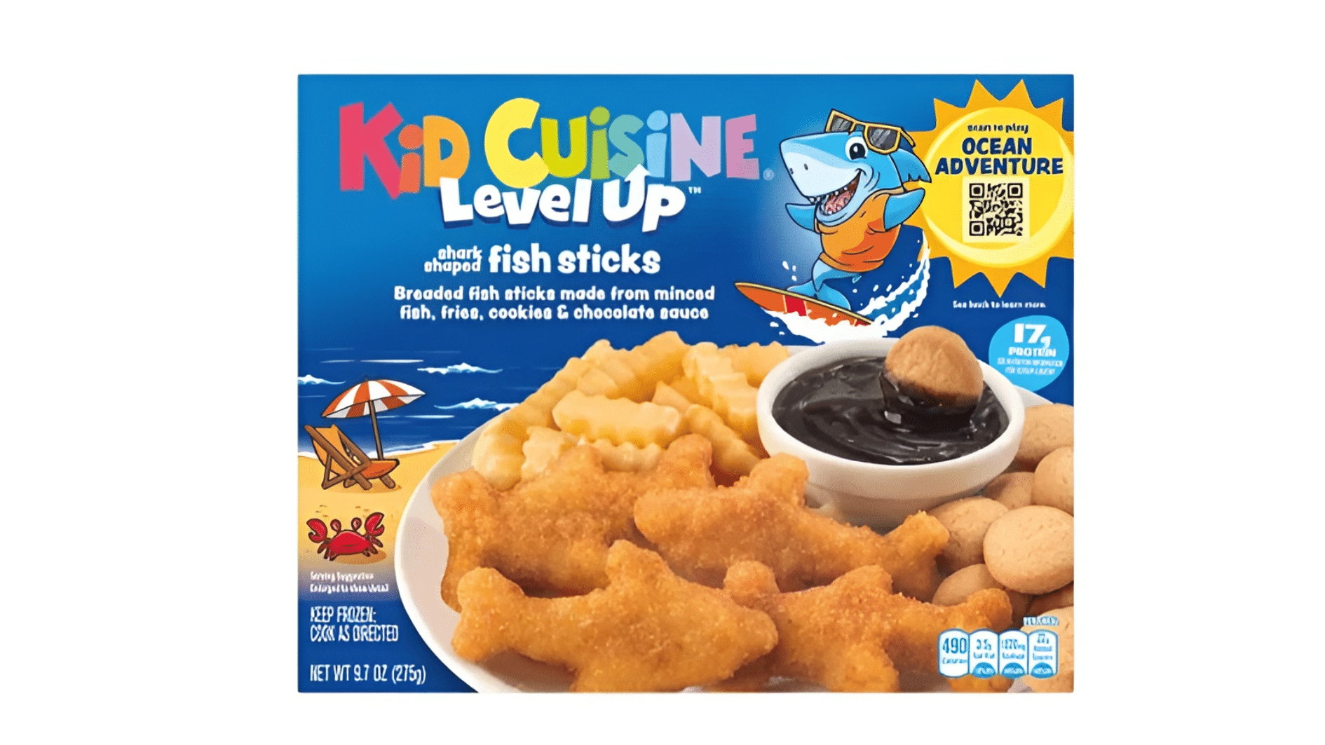 kid cuisine level up fish sticks frozen meal with shark shaped fish sticks fries cookies chocolate dipping sauce and ocean game