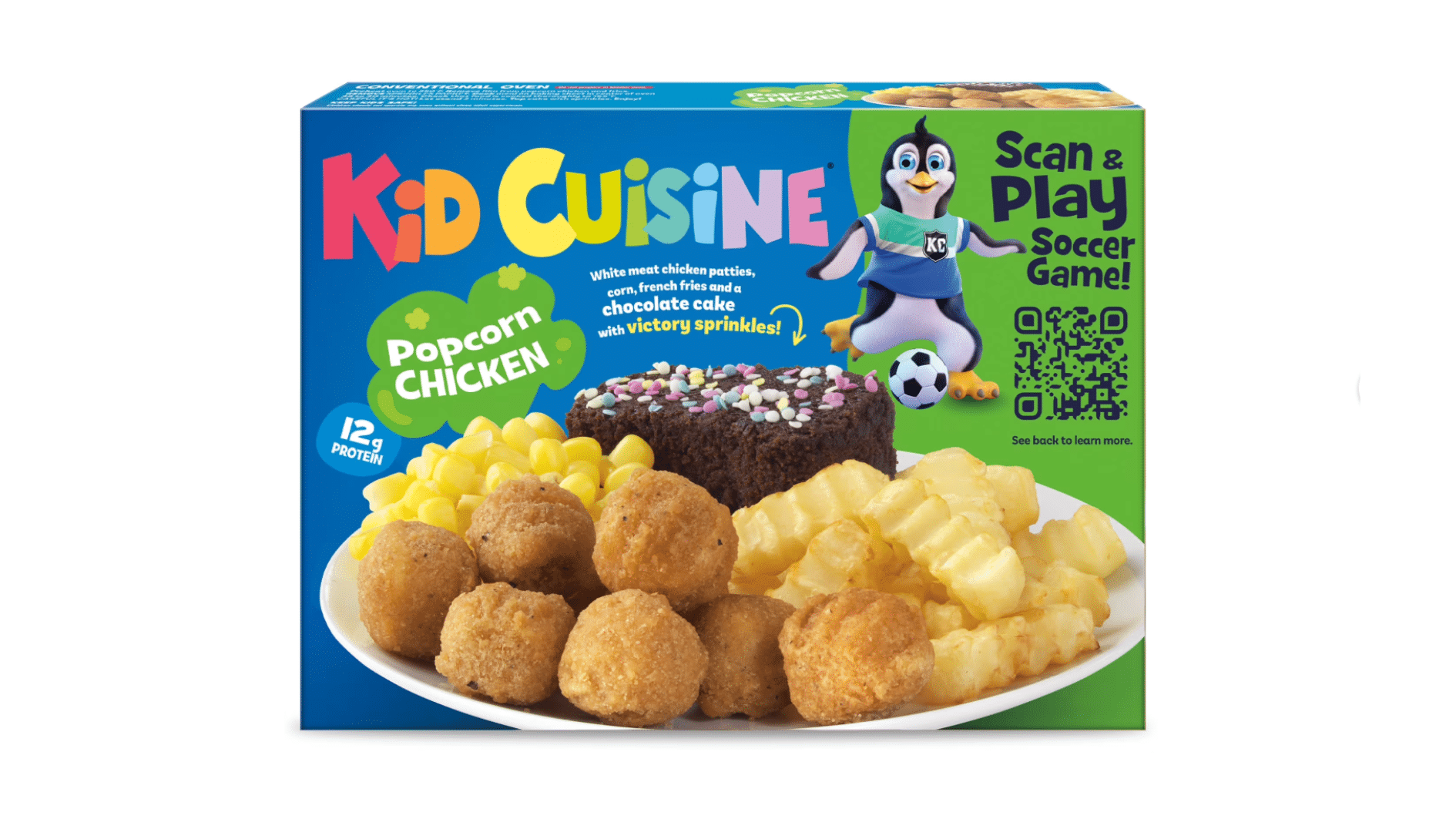 kid cuisine popcorn chicken frozen kids meal box with popcorn chicken fries corn chocolate cake with sprinkles and soccer scan game