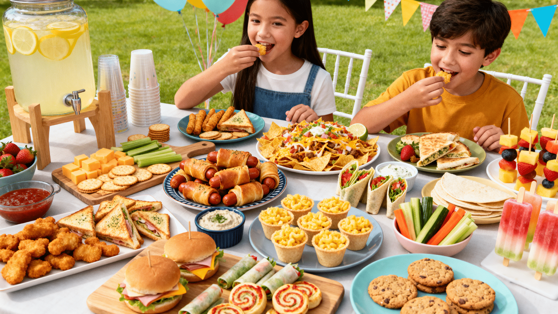 kids eating and playing at a birthday party with finger foods, small dishes, and snacks on a decorated table
