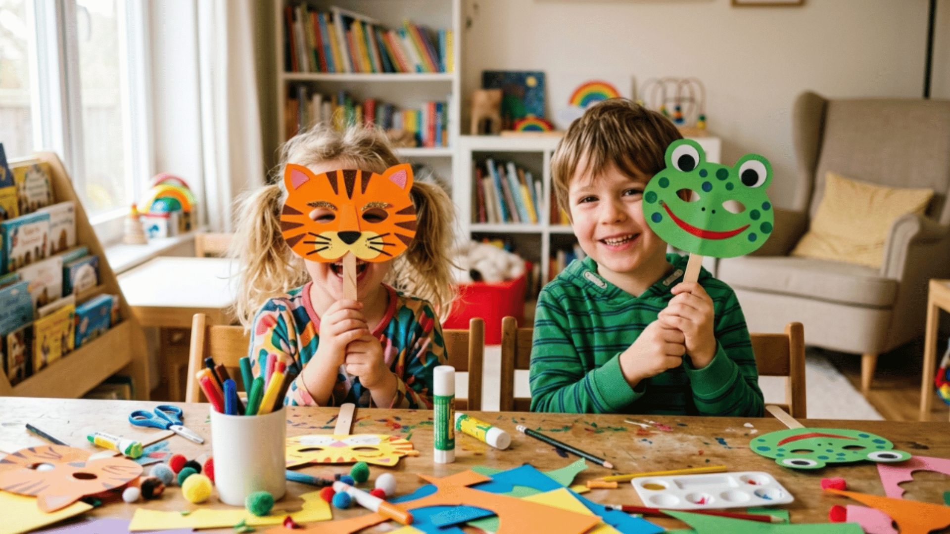 kids making colorful paper masks at home using craft supplies like paper plates, markers, and scissors.