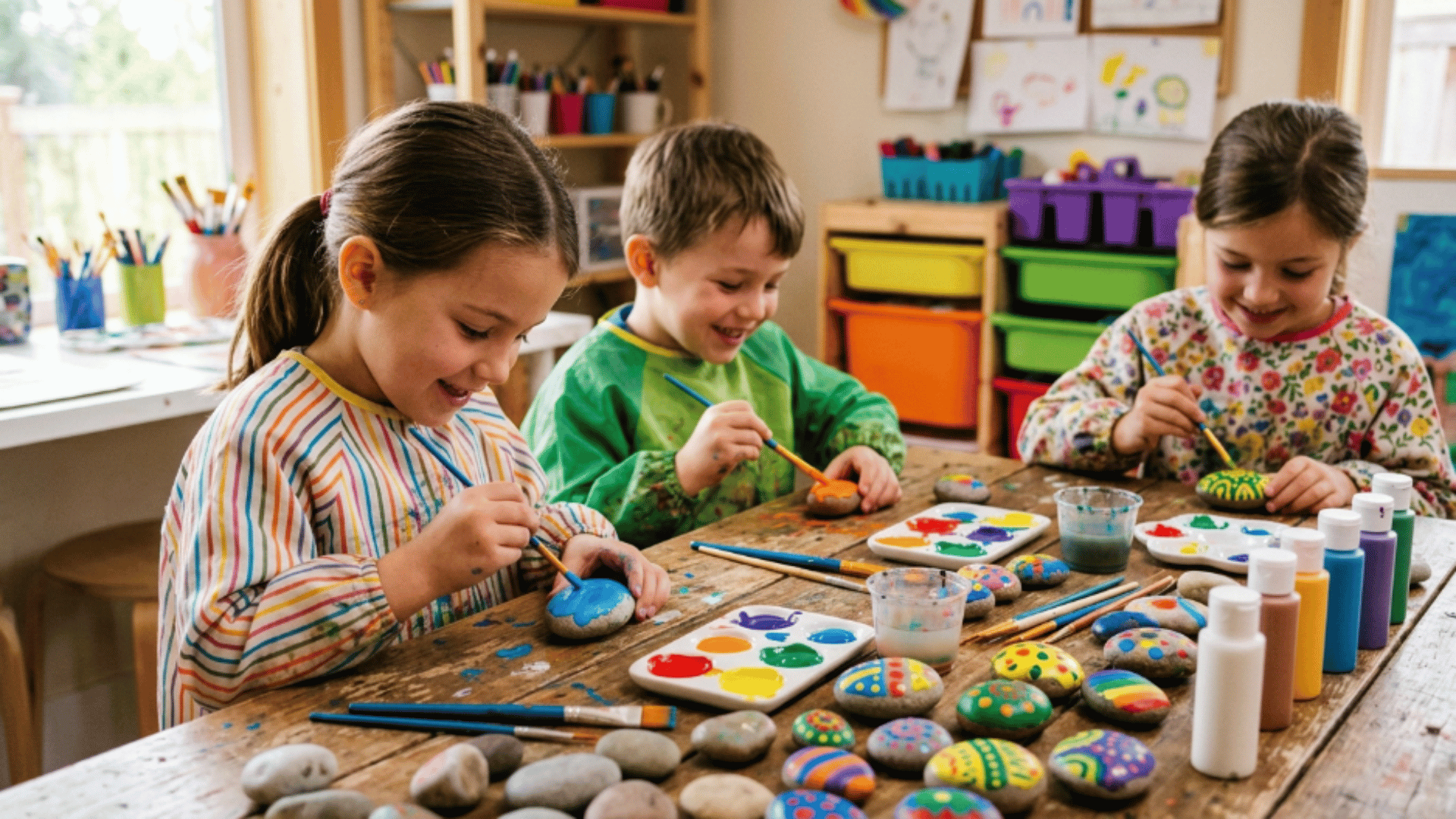 kids painting small rocks with bright colors on a table during a creative indoor rock painting activity