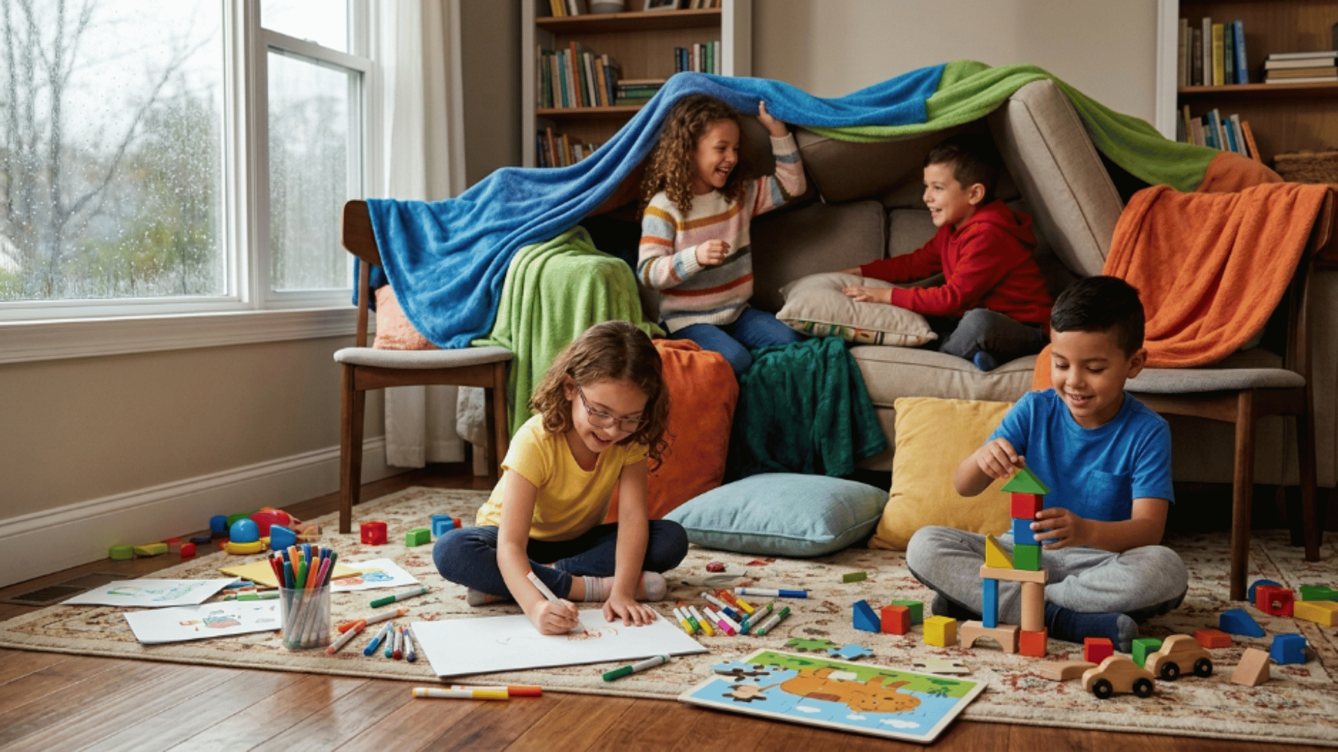 kids playing indoor games building forts drawing and playing with toys together in a bright living room during rainy day activities for kids