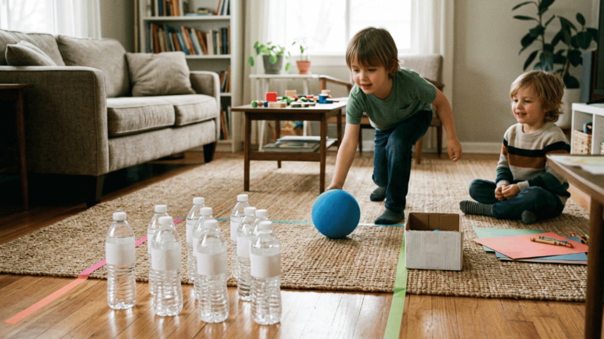 kids rolling a soft ball toward bottle pins arranged on the floor during an indoor bowling game
