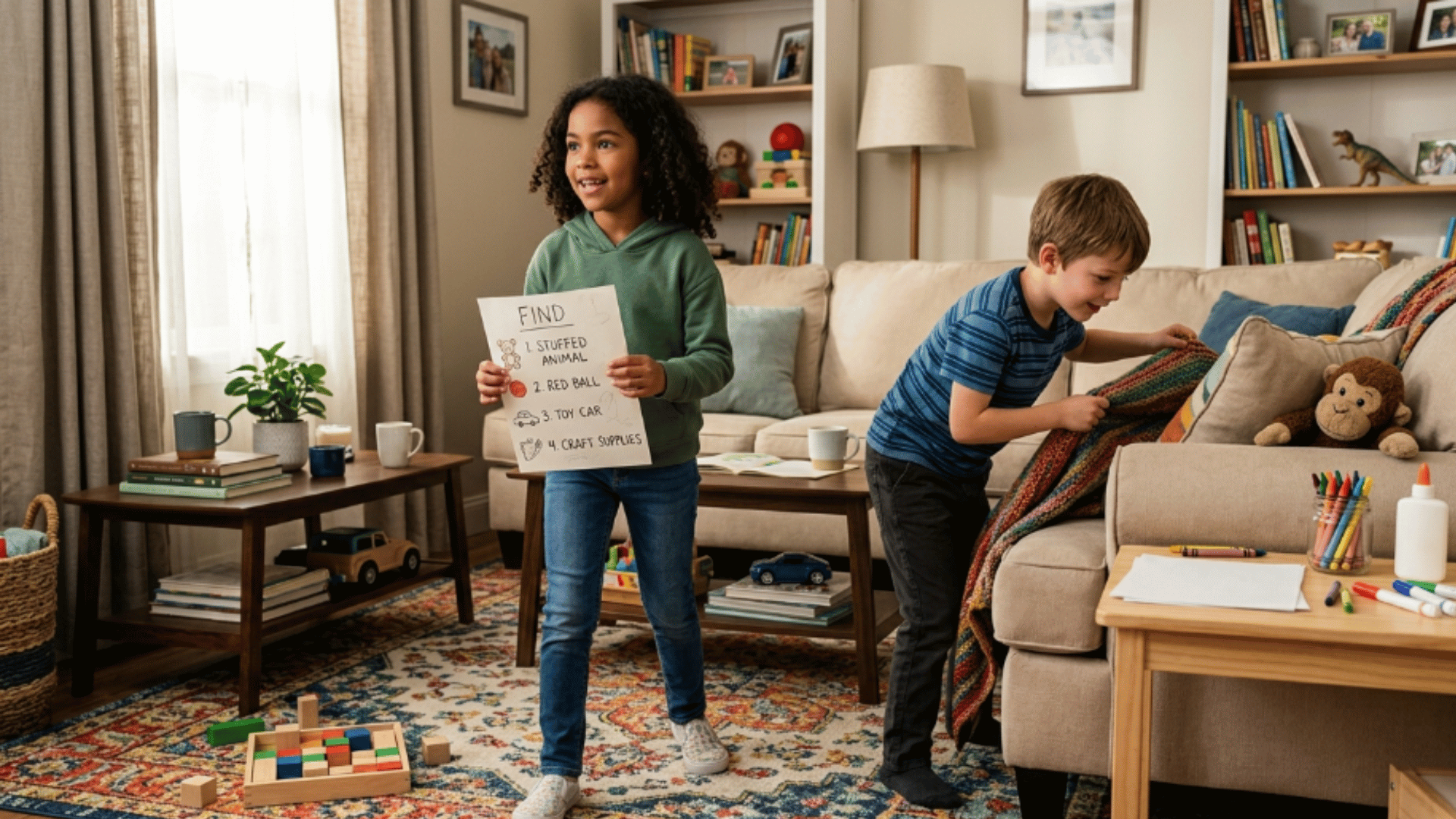 kids searching around living room for hidden objects during indoor scavenger hunt game