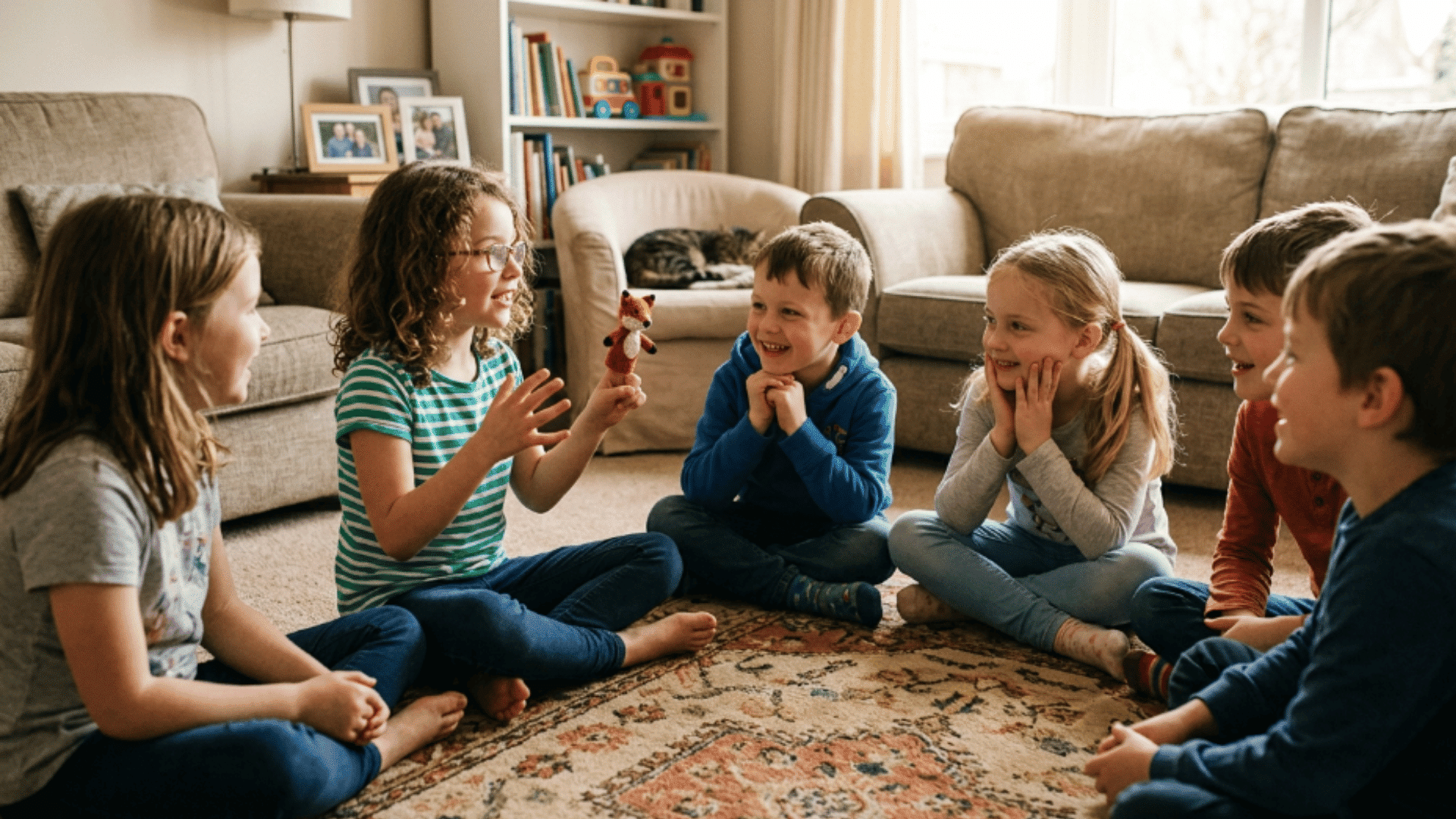 kids sitting in circle on floor telling stories together during family storytelling game