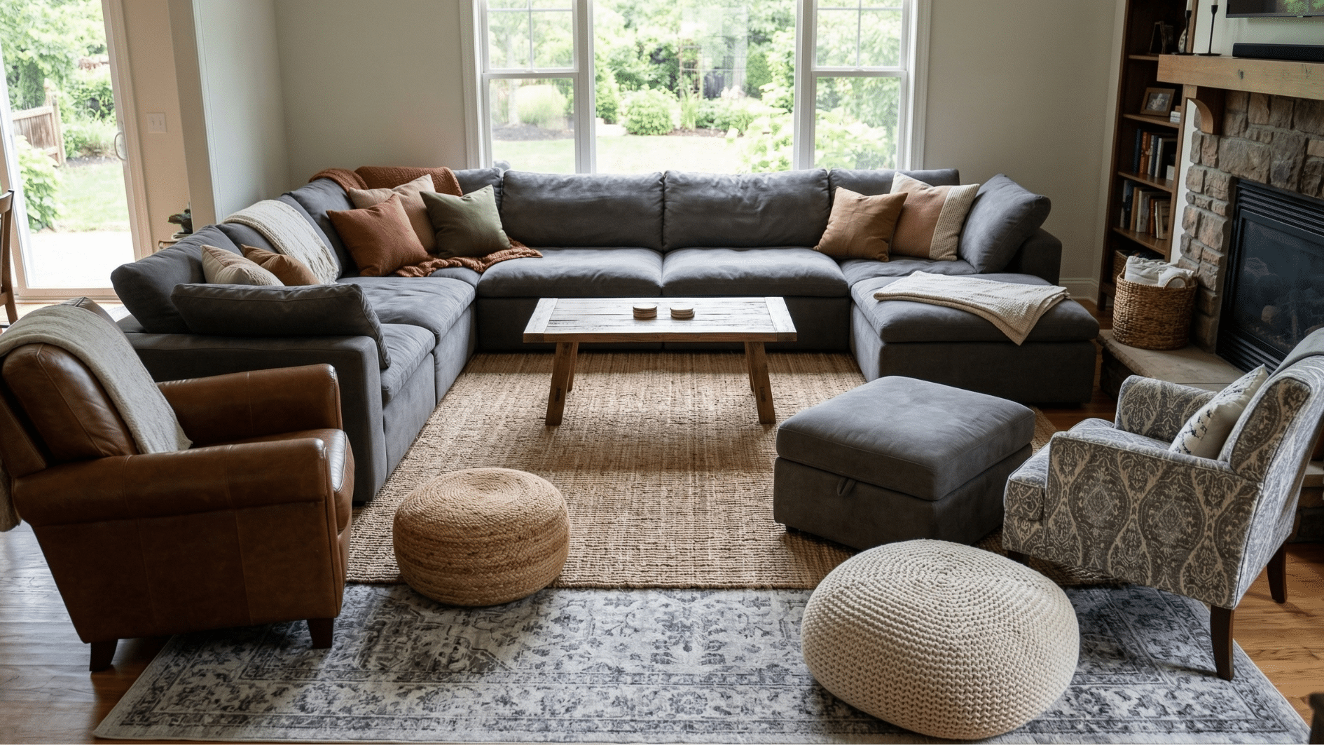 large living room with gray sectional sofa, coffee table, fireplace, armchairs, and big windows