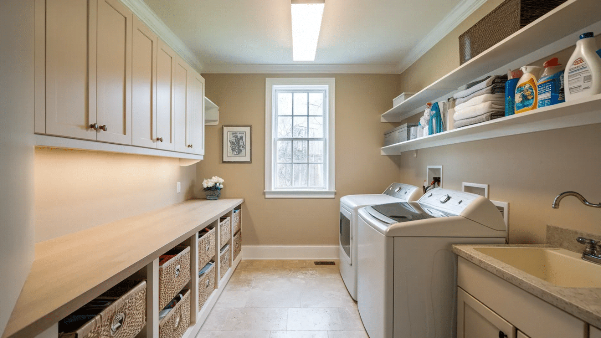 laundry room with washer dryer long countertop storage baskets upper cabinets wall shelves detergent bottles and window