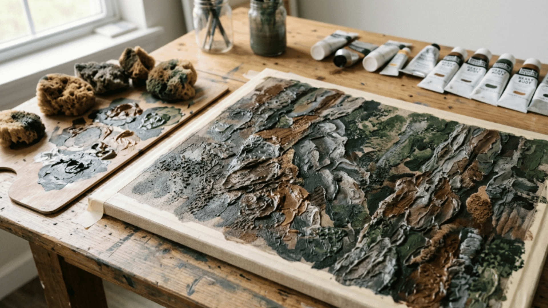 layered sponge painting technique on canvas creating rocky textured surface with brown and gray acrylic paint