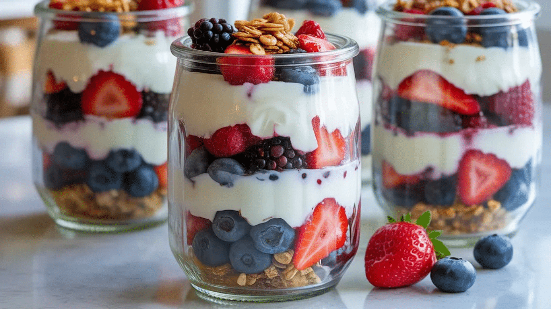 layered yogurt parfait in glass jars with strawberries blueberries blackberries and granola on white countertop with fresh berries nearby