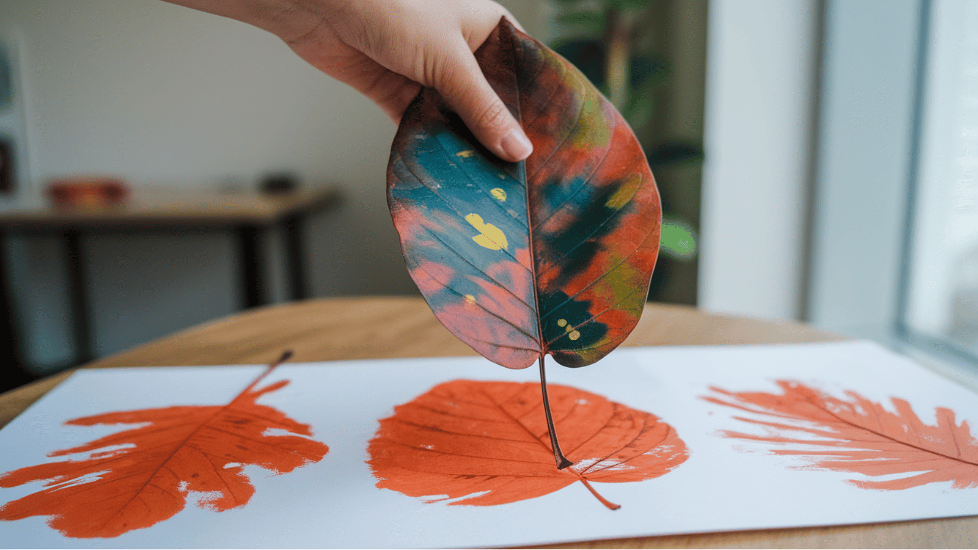 leaf printing art activity showing painted leaf impressions on white paper.