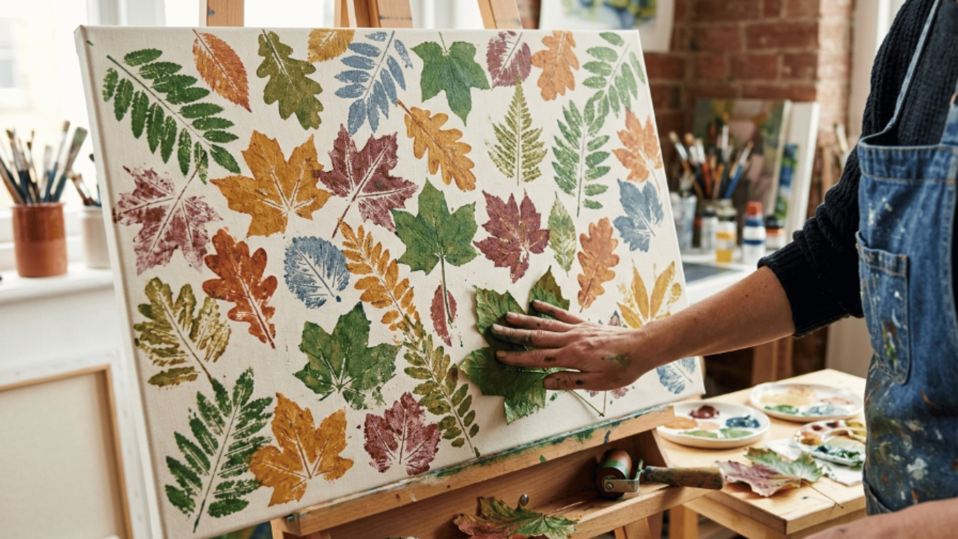 leaf stamp pressed into acrylic paint creating repeating natural print pattern on canvas