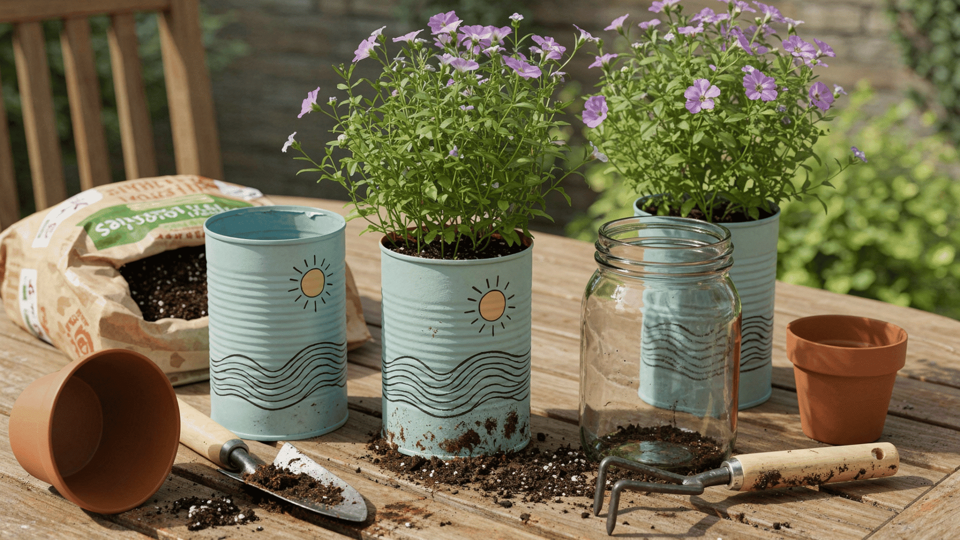 light blue tin cans repurposed as planters with sun and wave illustrations hold purple flowers on a wooden table.