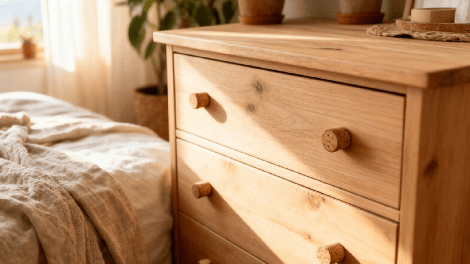 light wood dresser with wine cork drawer knobs, cozy rustic bedroom with linen textures and potted plants in background, warm morning light, minima home décor