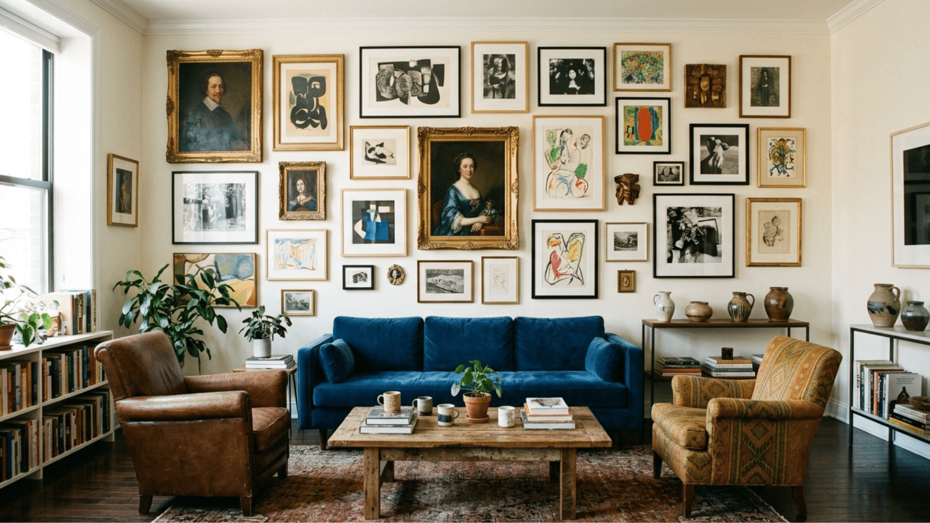 living room with blue sofa, gallery wall of framed art, leather chairs, coffee table, and bookshelves