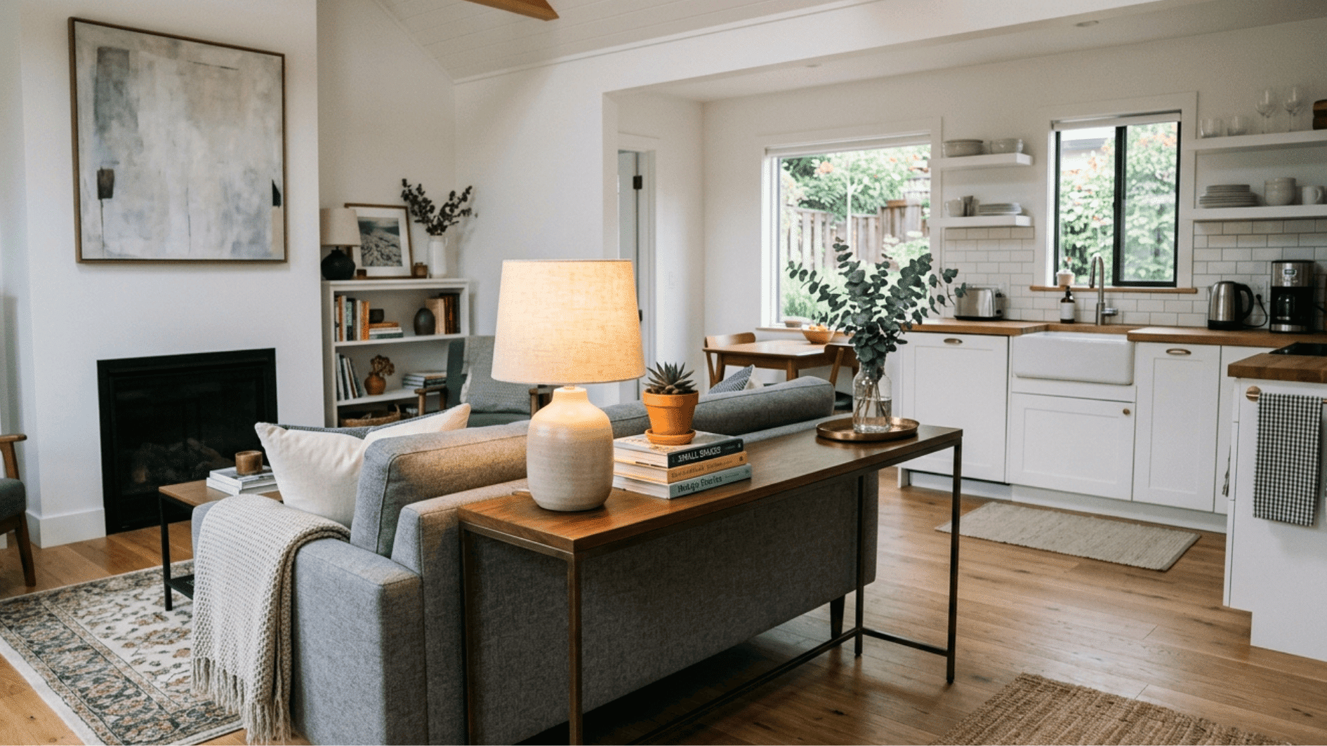 living room with connected kitchen with console table