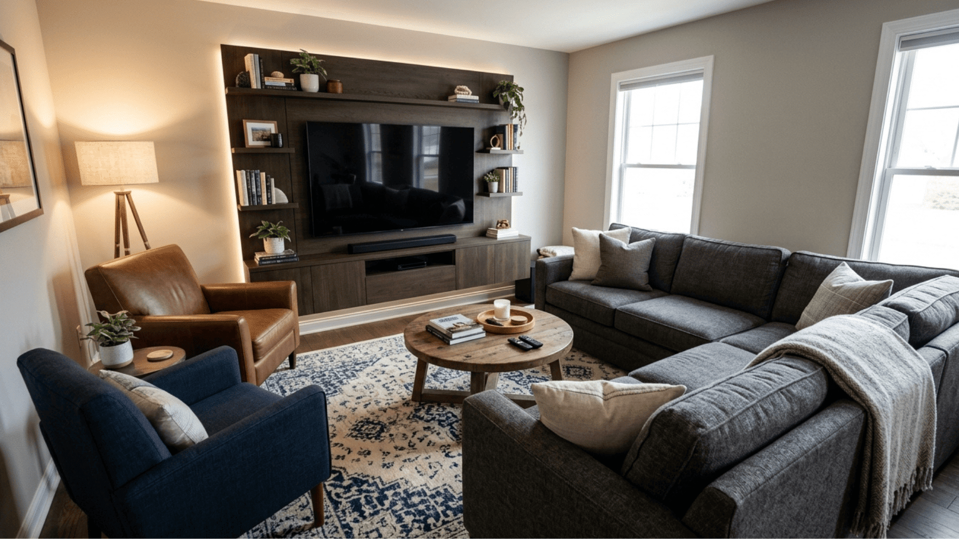 living room with tv centered layout sectional sofa armchair coffee table and neutral decor