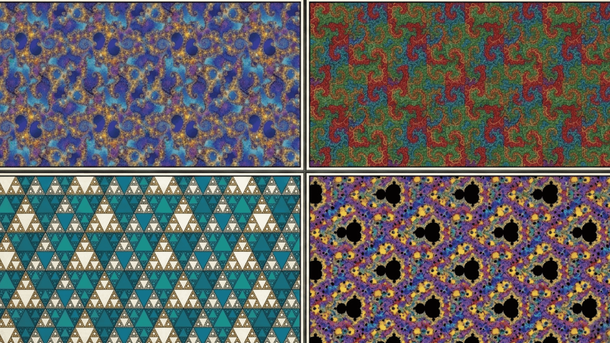 make a four grid beautiful collage for Julia Set Tessellation,Dragon Curve Tessellation,Sierpinski Triangle Tessellation,Mandelbrot Set Tessellation