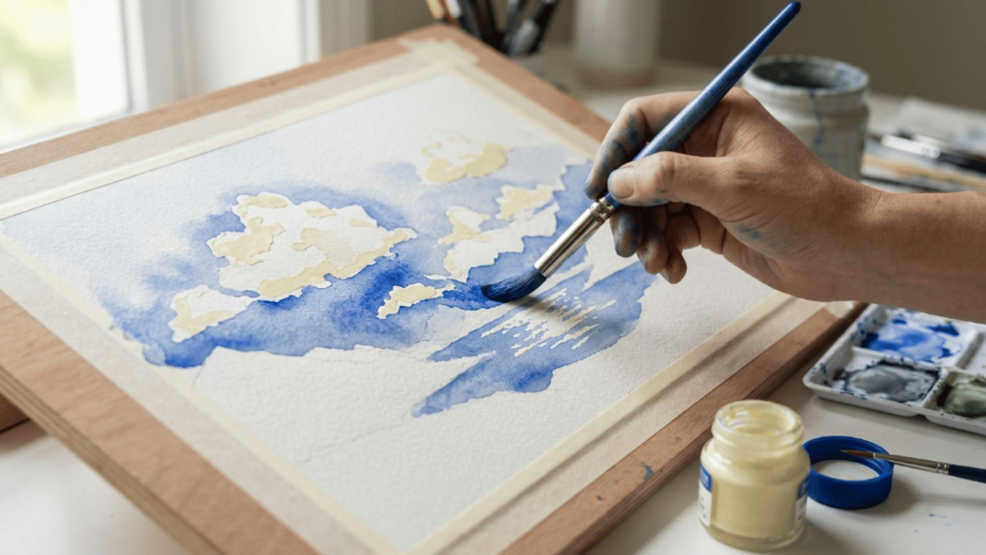 masking fluid protecting highlight shapes on canvas while artist paints around them with acrylic paint