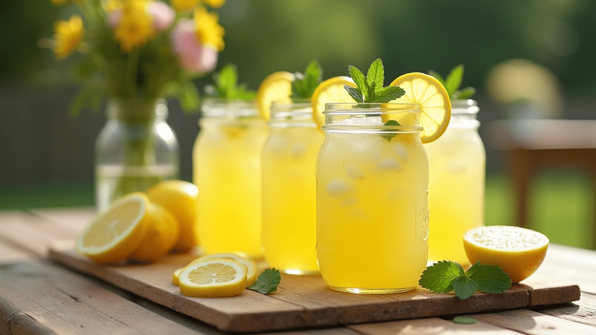 mason jars filled with fresh lemonade, garnished with lemon slices and mint, displayed on a wooden board outdoors.