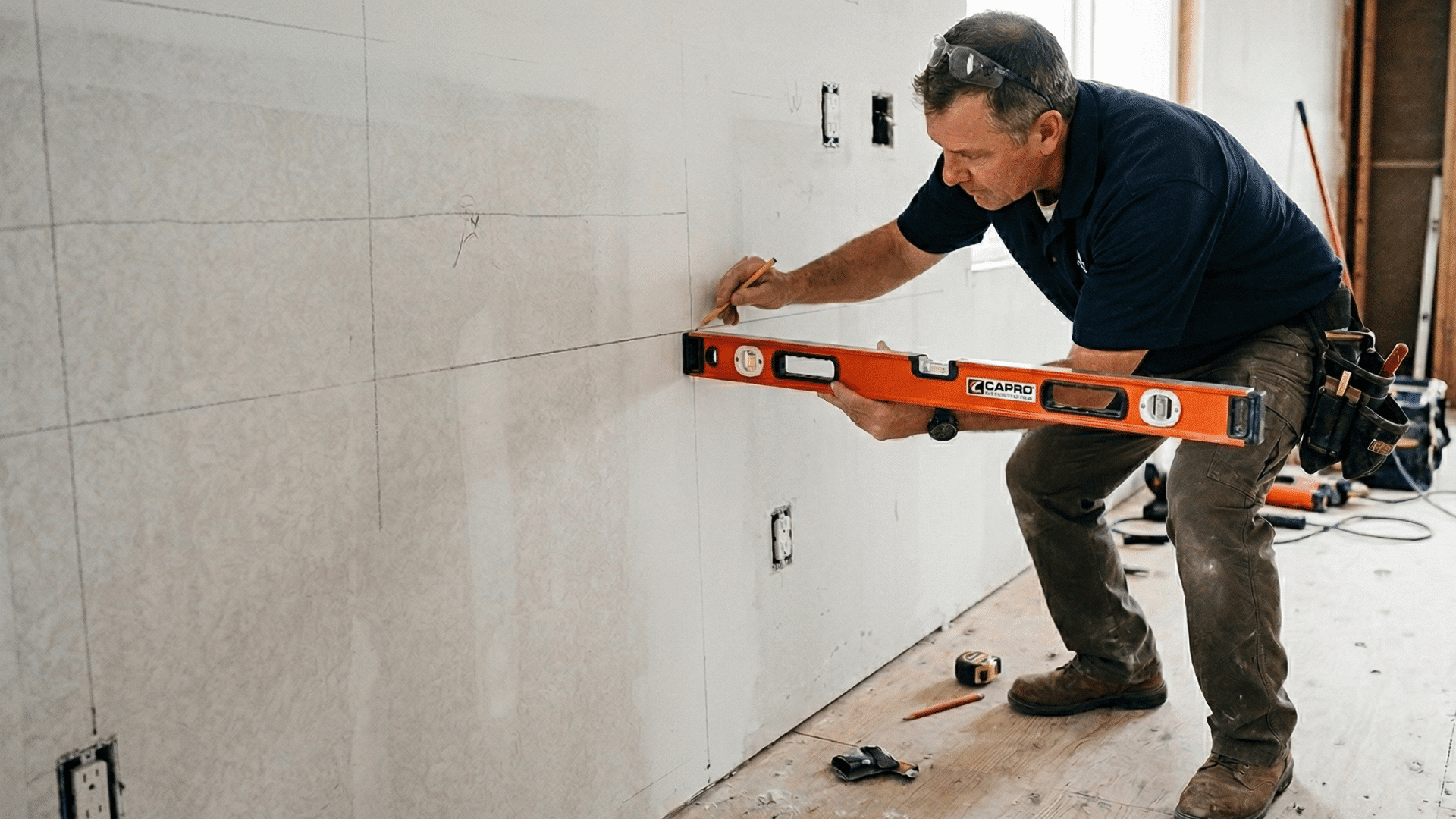 measuring and marking the height for base cabinets with a level to draw a reference line around the room