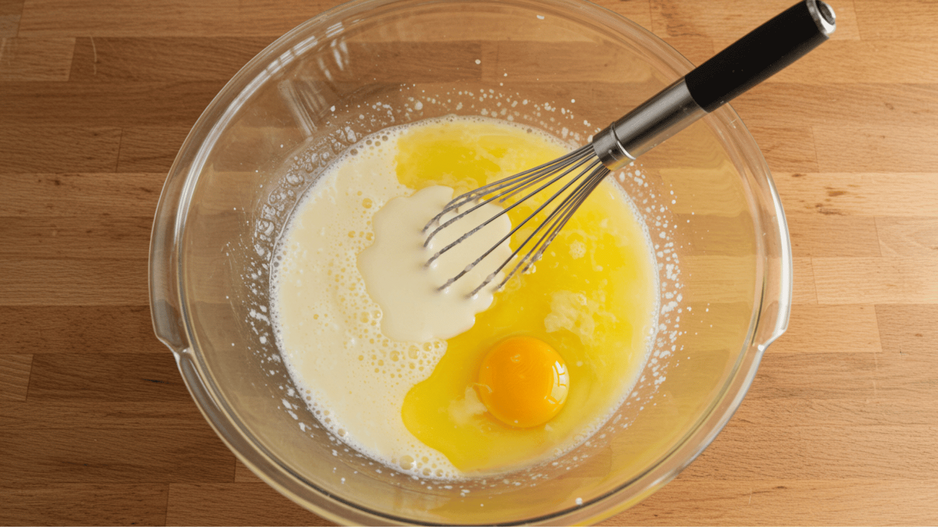 milk and melted butter mixed together in a glass bowl with a whisk preparing the wet ingredients for pancake batter