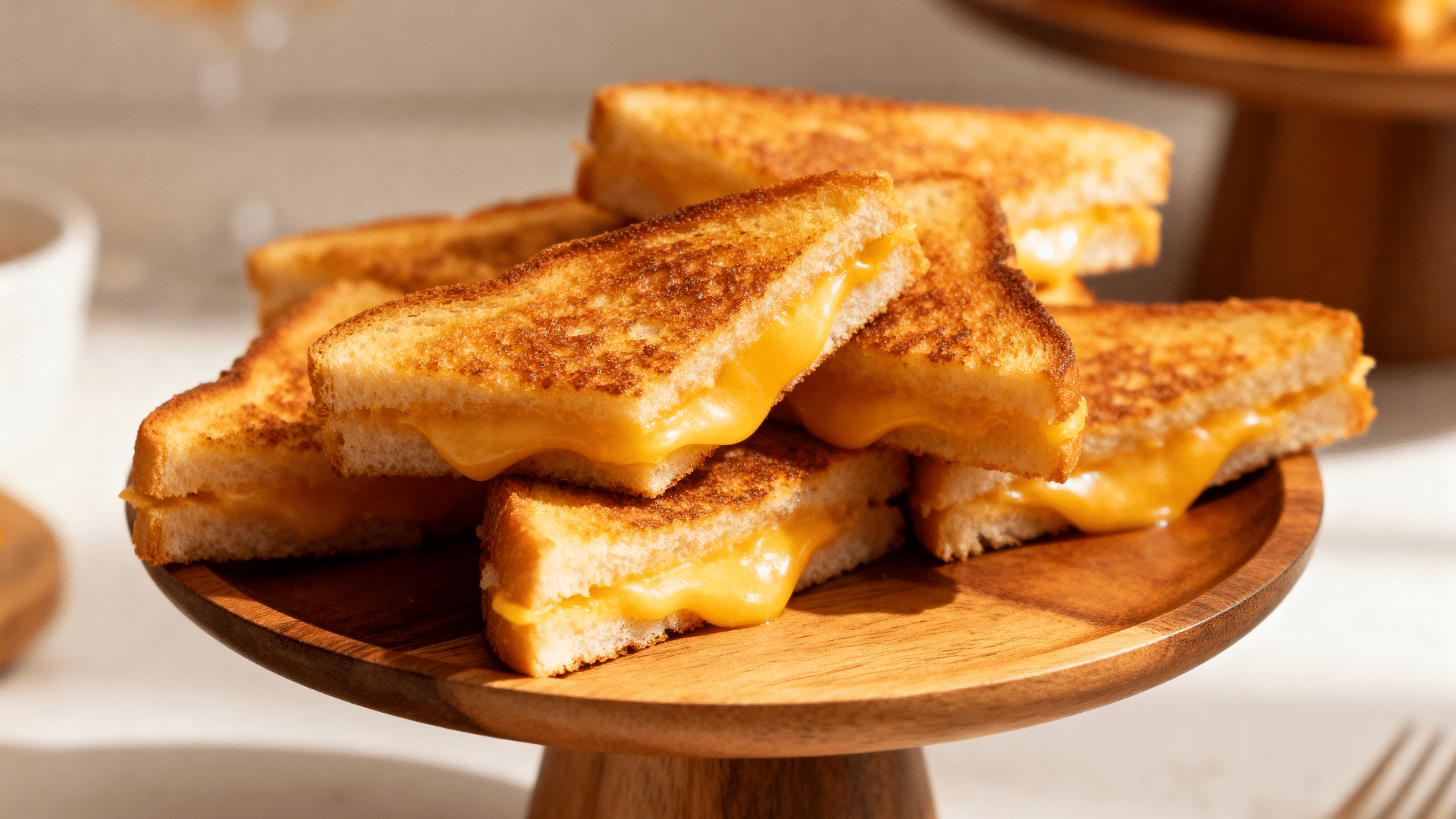 mini grilled cheese triangles stacked on a plate showing crispy golden edges and melted centers