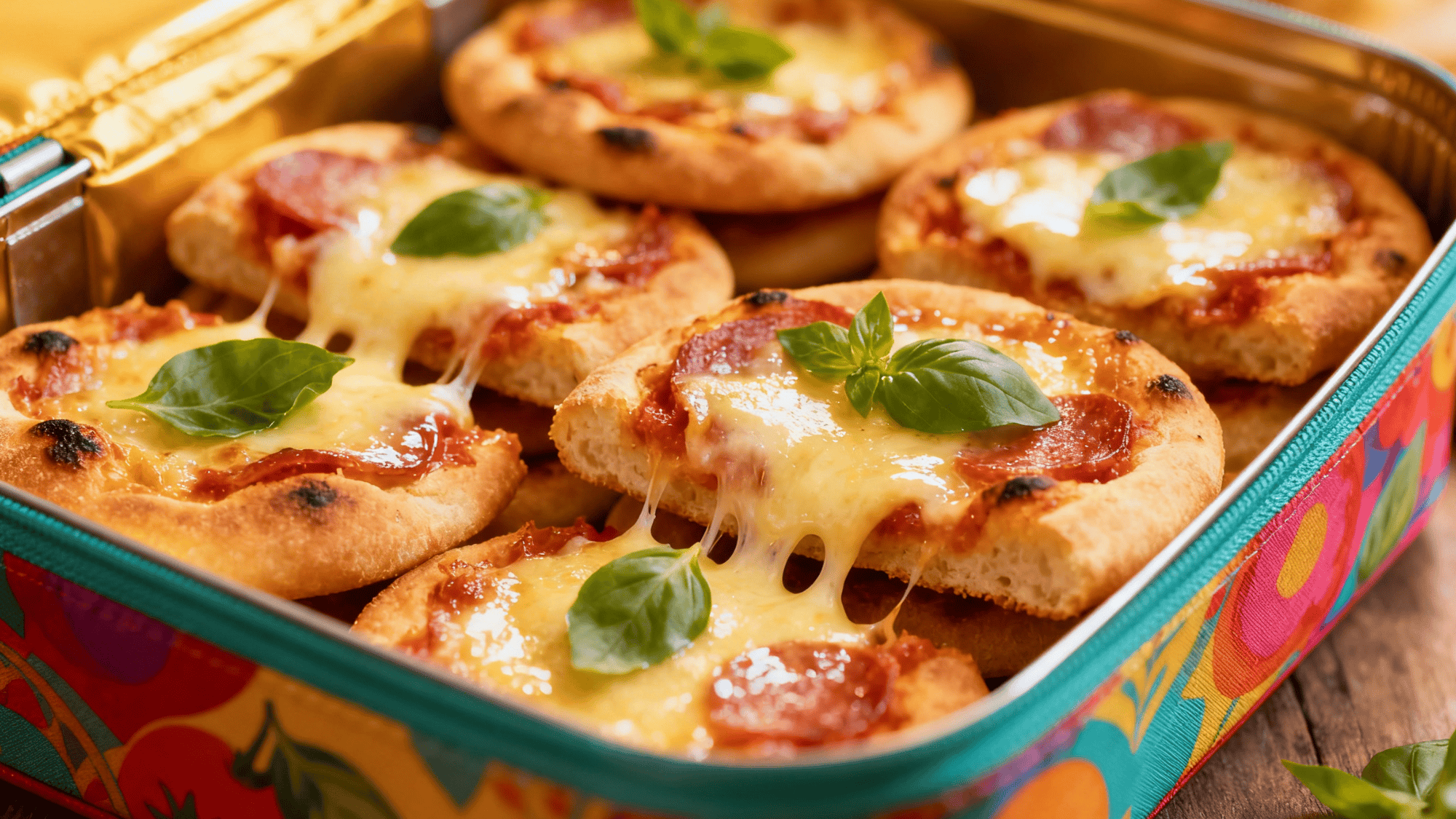 mini pizzas neatly arranged in a colorful lunchbox, melted cheese, basil garnish, bite-sized crusts