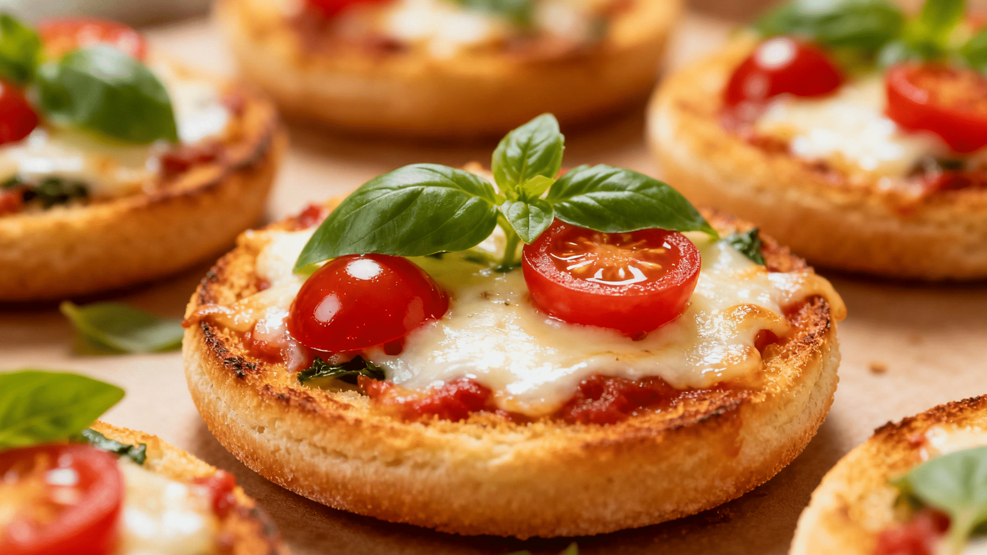 mini veggie pizzas on English muffins garnished with fresh basil, red onion rings, bubbling cheese
