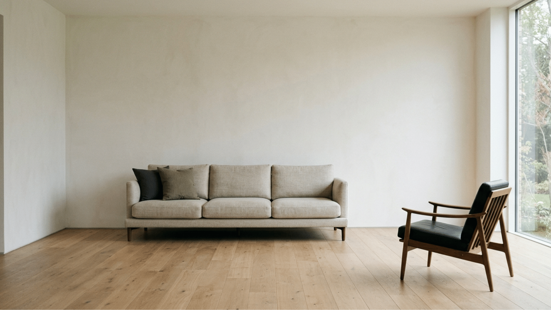 minimalist living room with beige sofa, wooden chair, large window, and empty wall with natural light