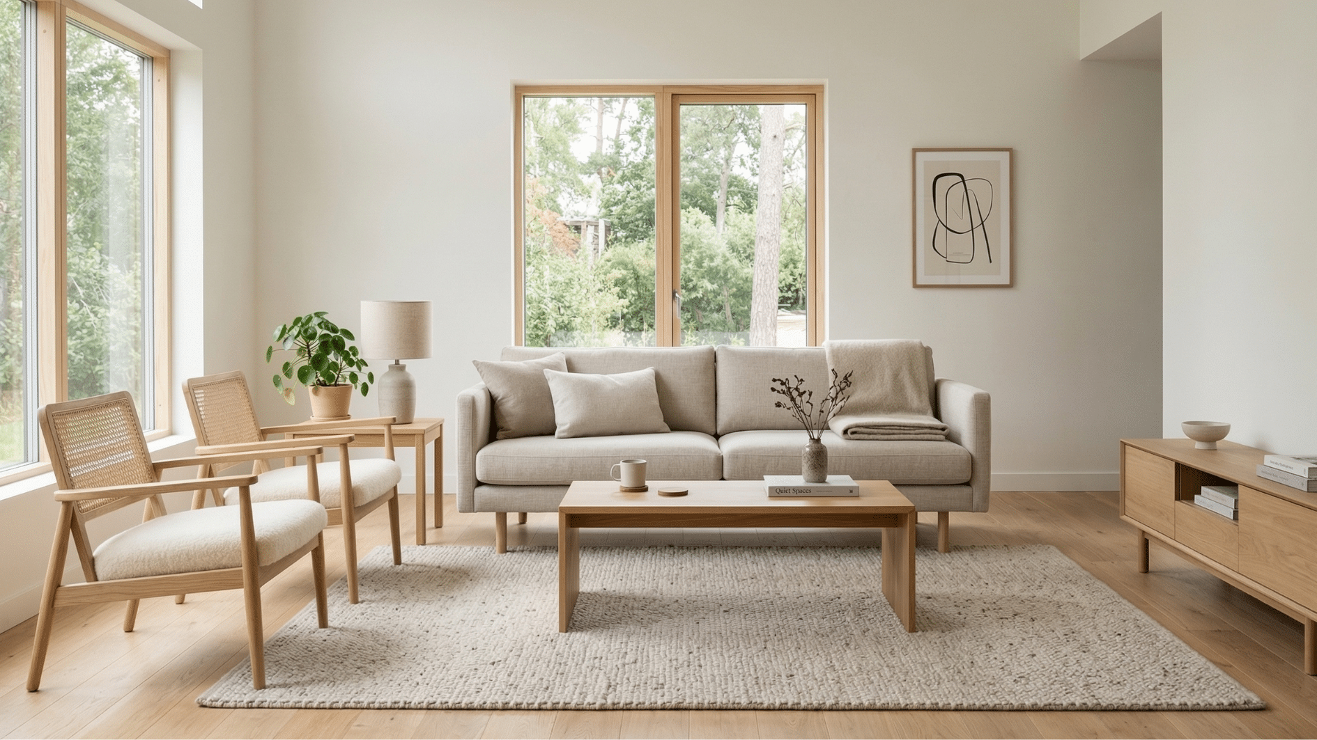 minimalist living room with beige sofa, wooden chairs, coffee table, large windows, and soft neutral decor