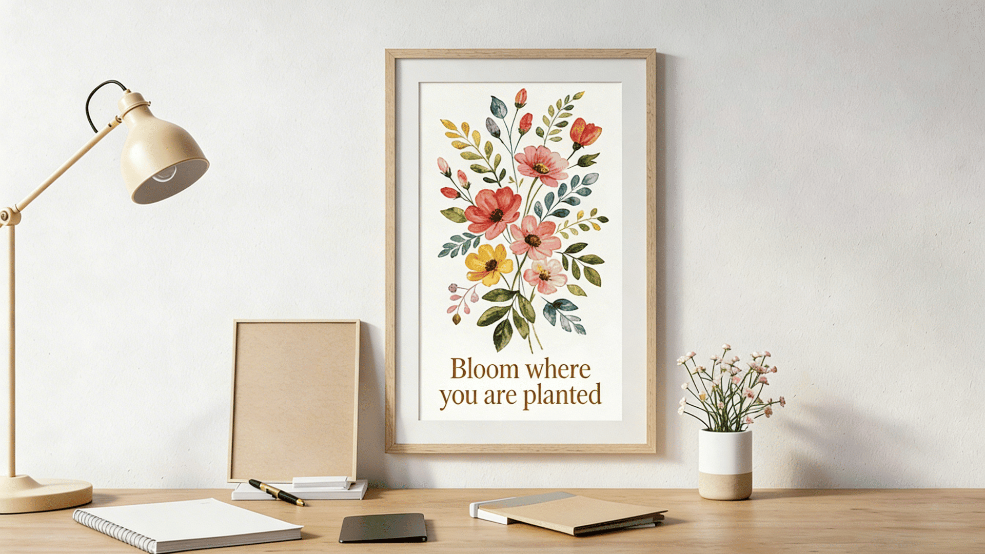minimalist wooden desk setup featuring a framed watercolor floral print with the quote bloom where you are planted.
