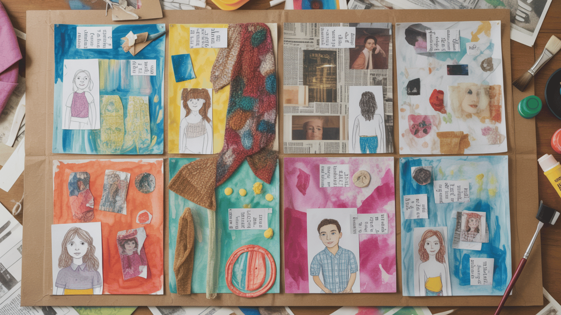 mixed media student art board with drawings, fabric, magazine cutouts, and watercolor backgrounds