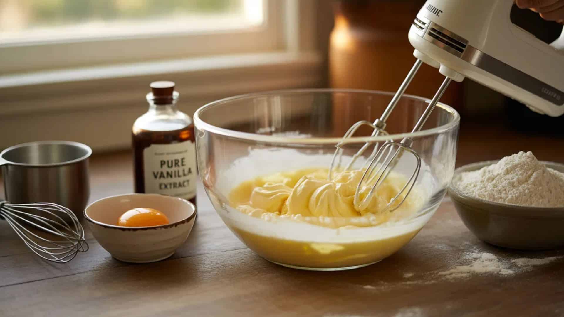 mixing butter and sugar in a glass bowl with a hand mixer for sprinkle cookie dough, with vanilla extract, egg, and flour on the kitchen counter
