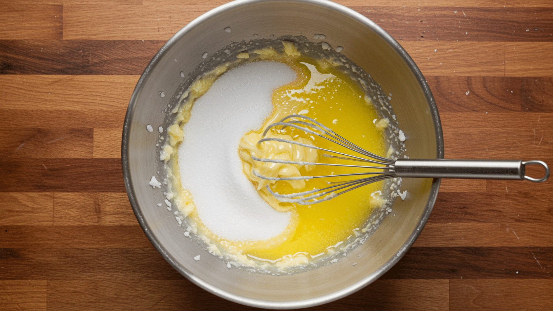 mixing white sugar, melted butter, and oil being whisked in a bowl until smooth and glossy.