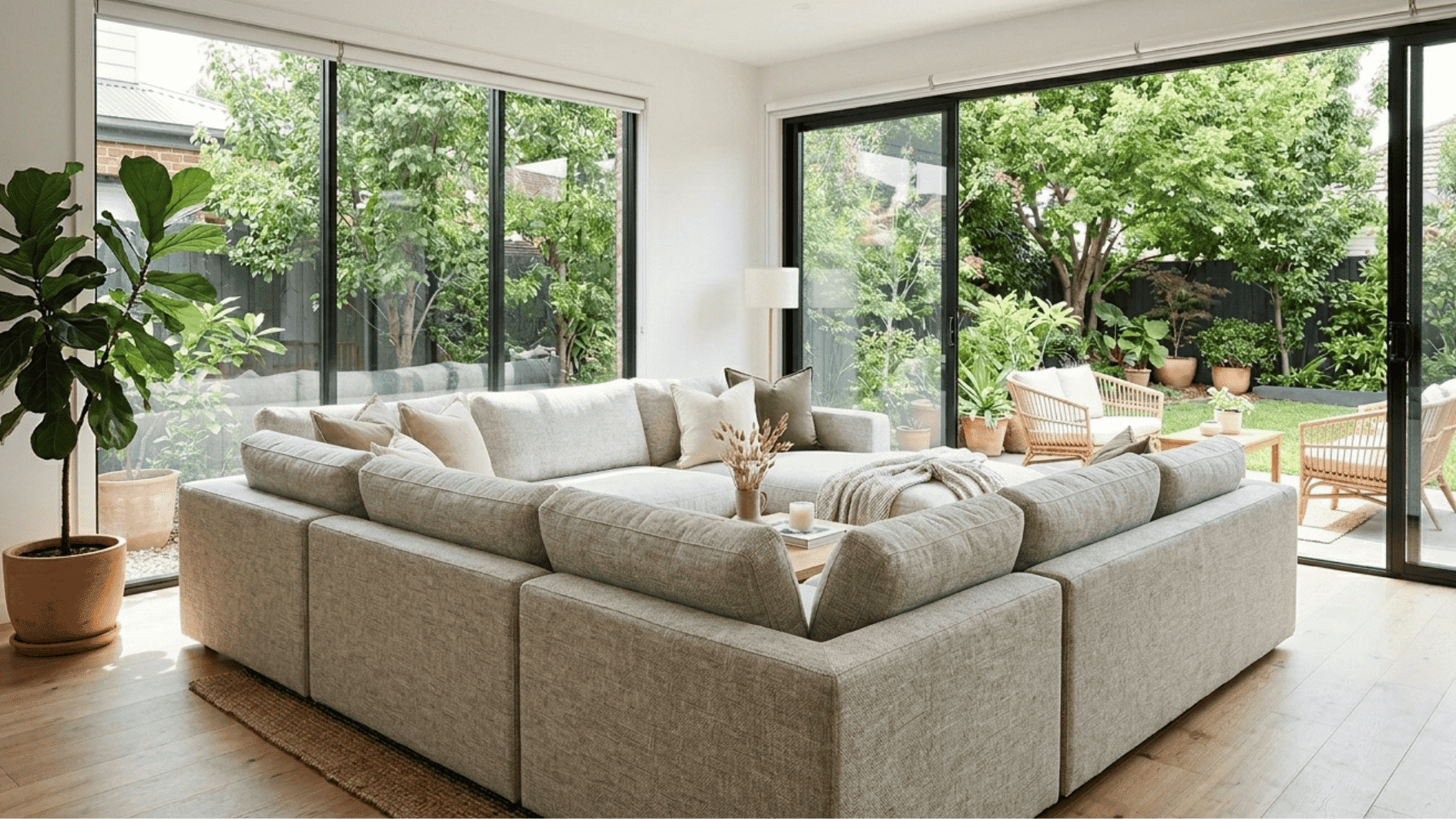 modern living room with large sectional sofa floor to ceiling windows and garden view seating layout