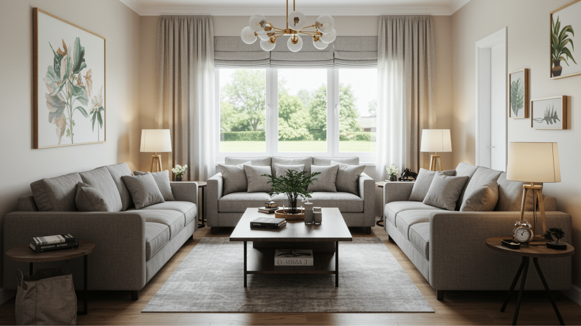 modern living room with three gray sofas, coffee table, lamps, wall art, and large window with natural light
