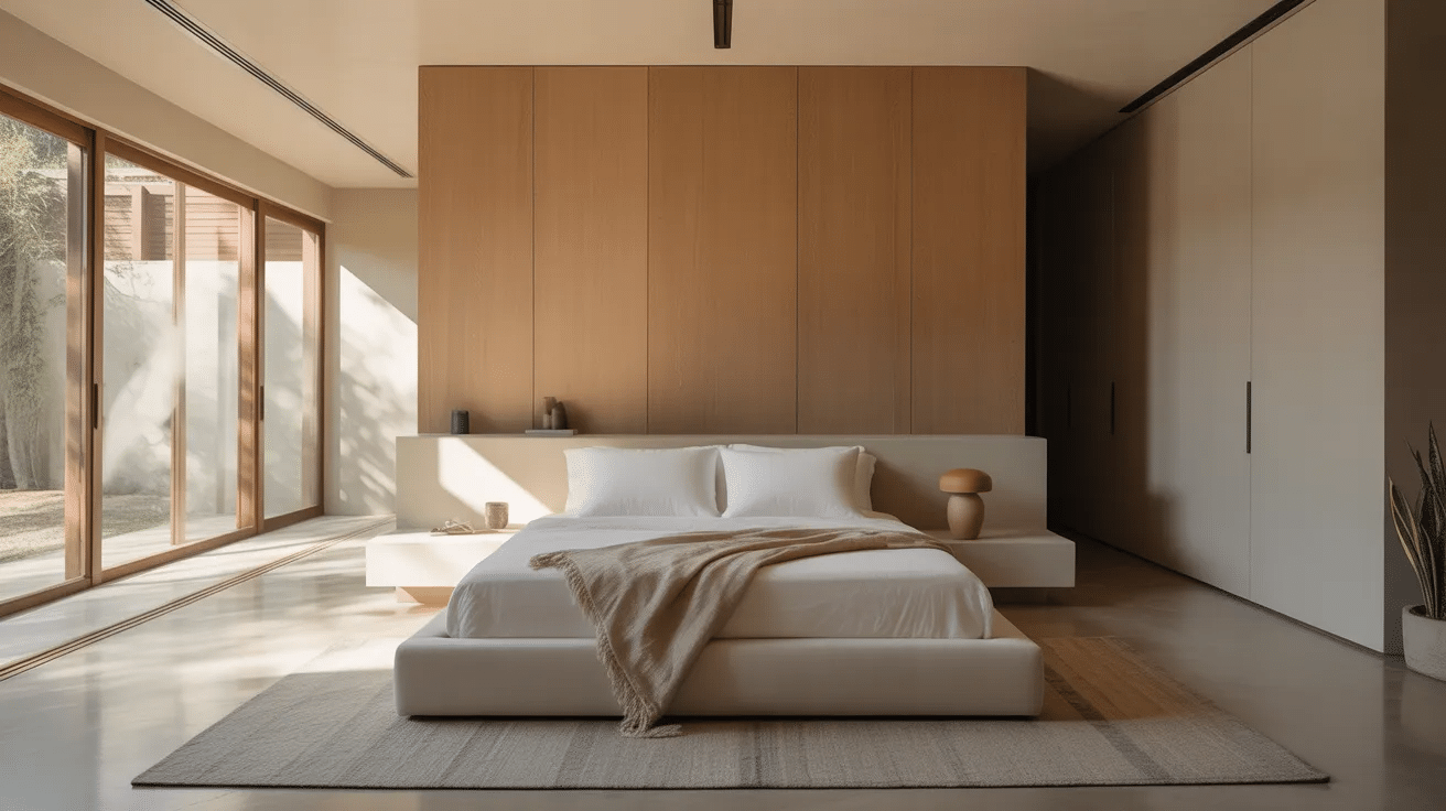modern master bedroom suite with wood panel wall, low bed, large windows, and natural light minimalist design