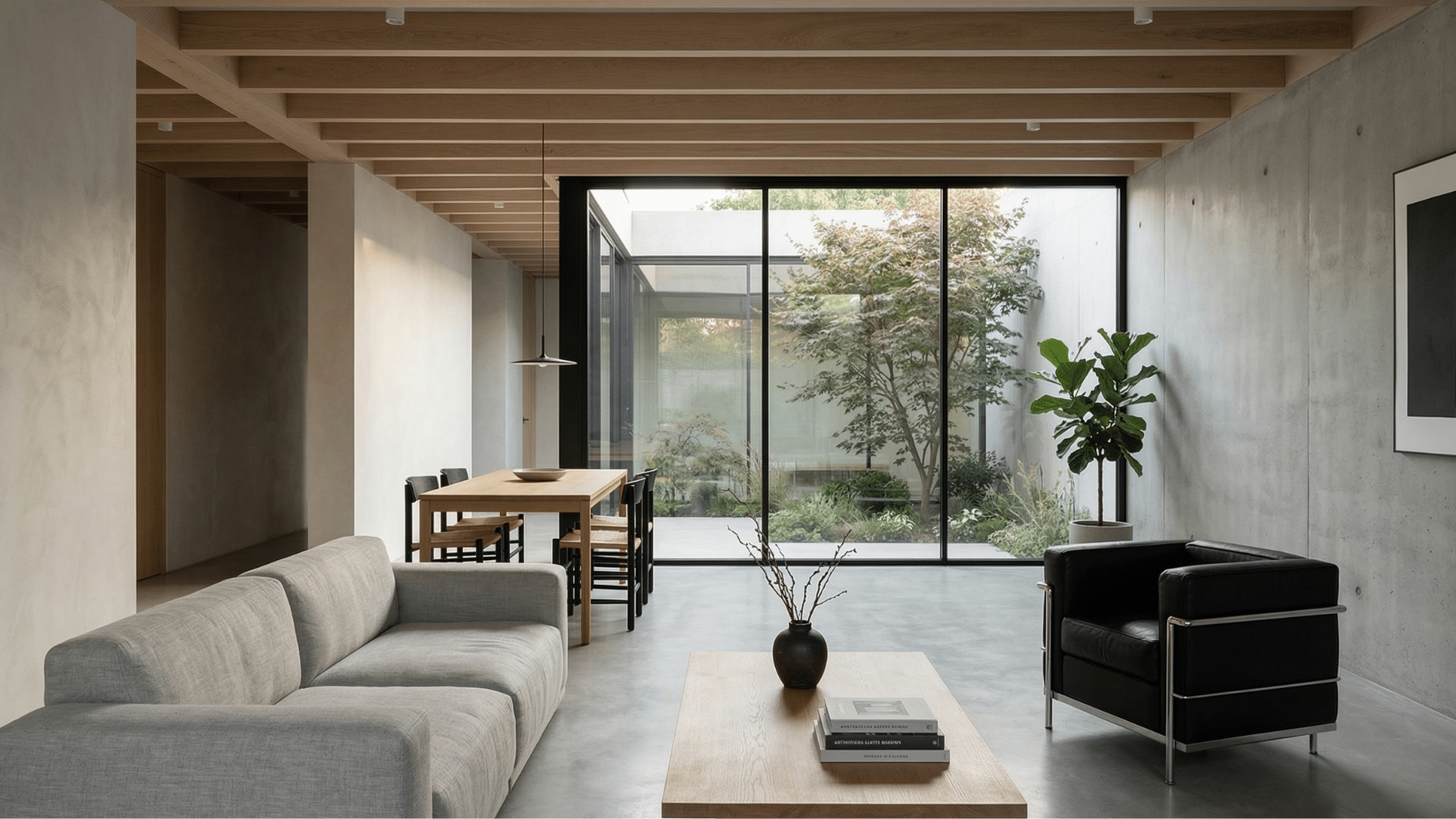 modern minimalist living room with sofa, wooden dining table, glass wall, indoor garden, and concrete floor