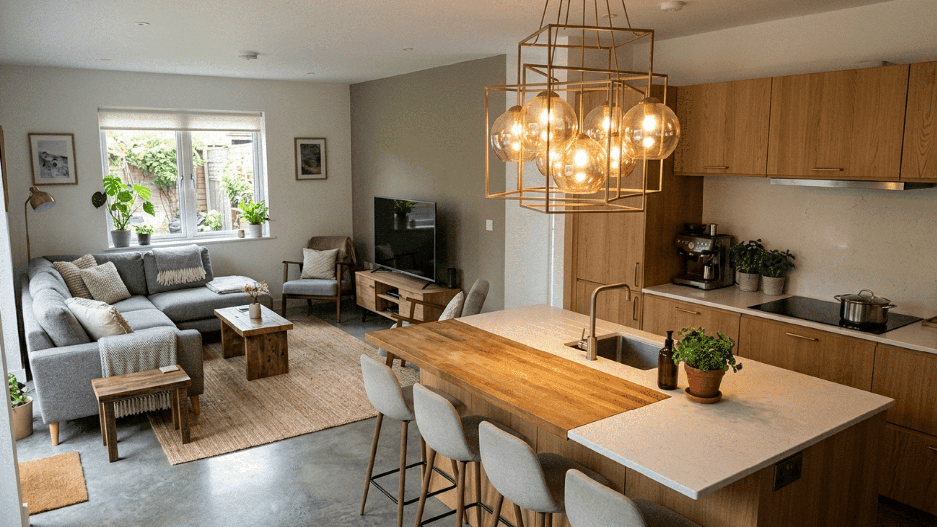 modern open concept kitchen and living room with wood island seating and pendant lights over counter